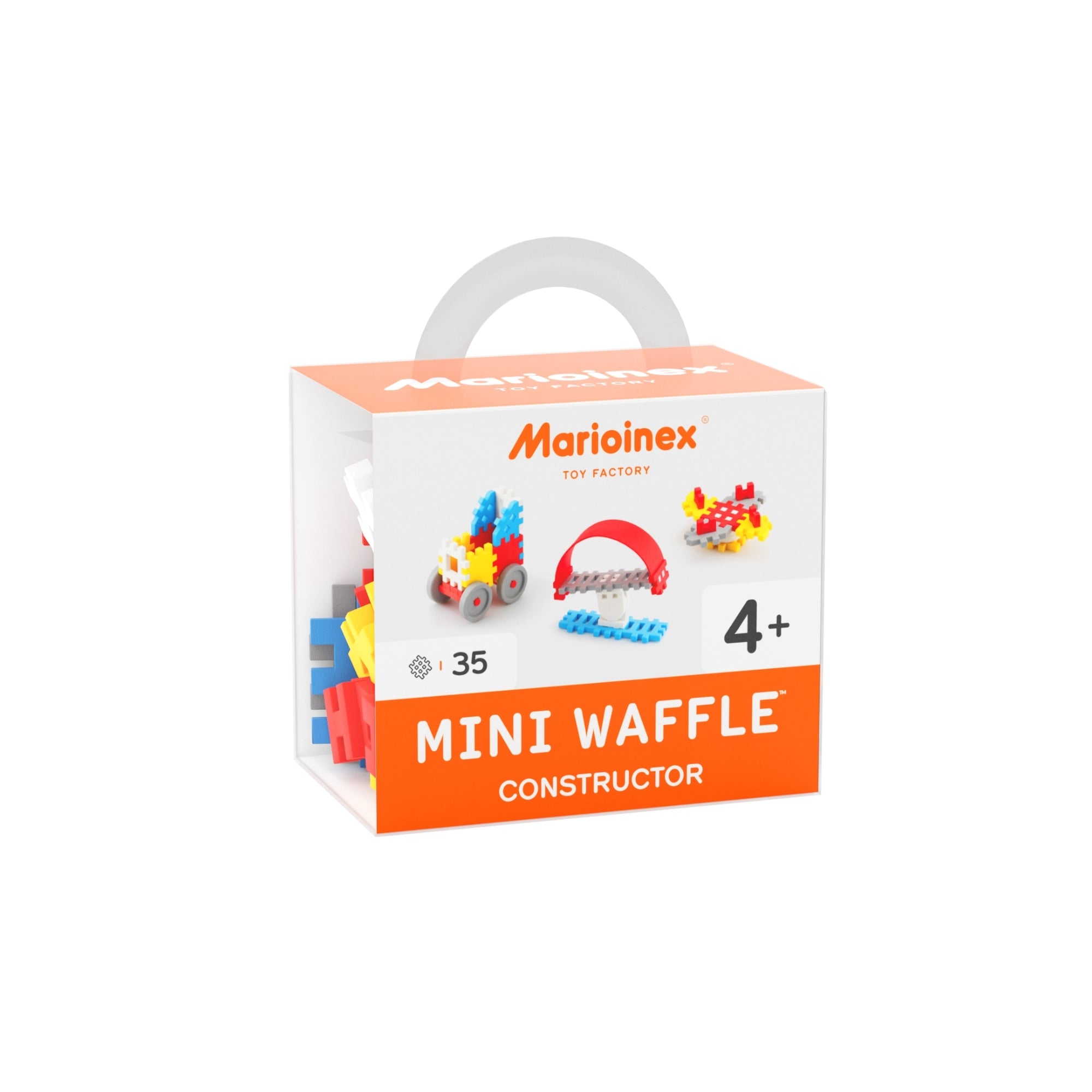 Marioinex 35 Piece Mini Waffle Blocks, for ages 4+, comes in white and orange packaging with colorful model samples. This educational building toy helps develop fine motor skills.