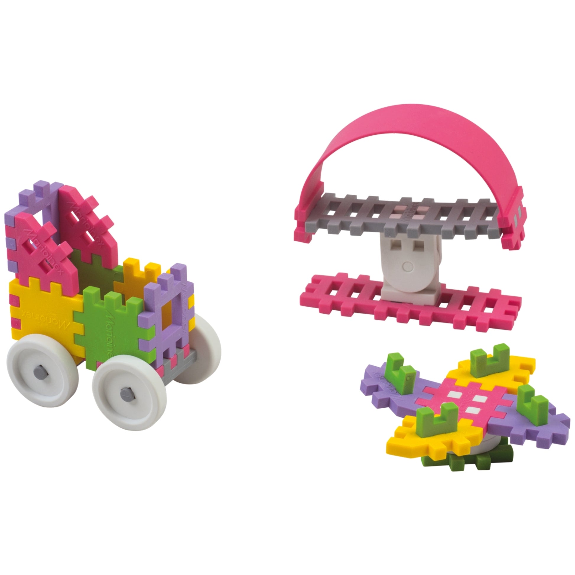 Marioinex 35 Piece Mini Waffle Blocks interlock to create a small car with white wheels, a pink handle, and a flat, colorful design—an educational toy ideal for developing fine motor skills.