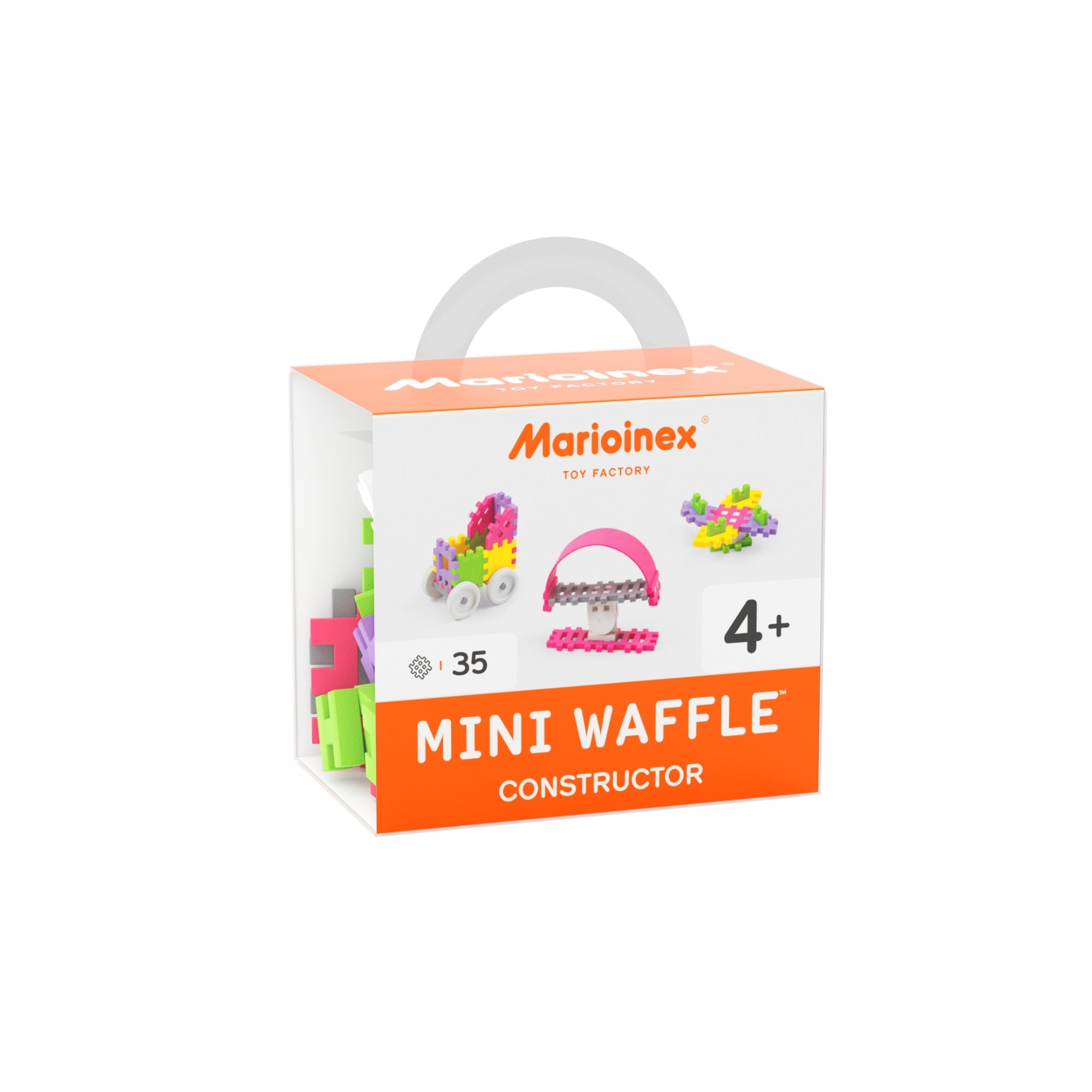 Marioinex 35 Piece Mini Waffle Blocks is an educational building set for ages 4+, featuring 35 colorful interlocking blocks to support fine motor skill development, with images of possible creations shown on the front.