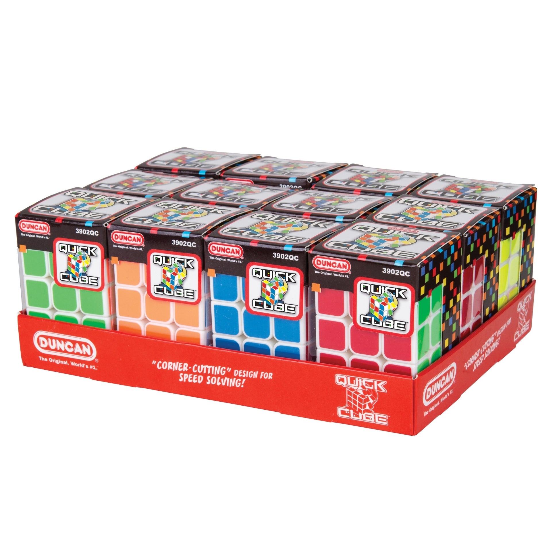 The Duncan Quick Cube 3 x 3 Display features twelve individually boxed puzzles with vibrant designs, arranged in three rows of four on a red base. Each cube displays colorful faces.