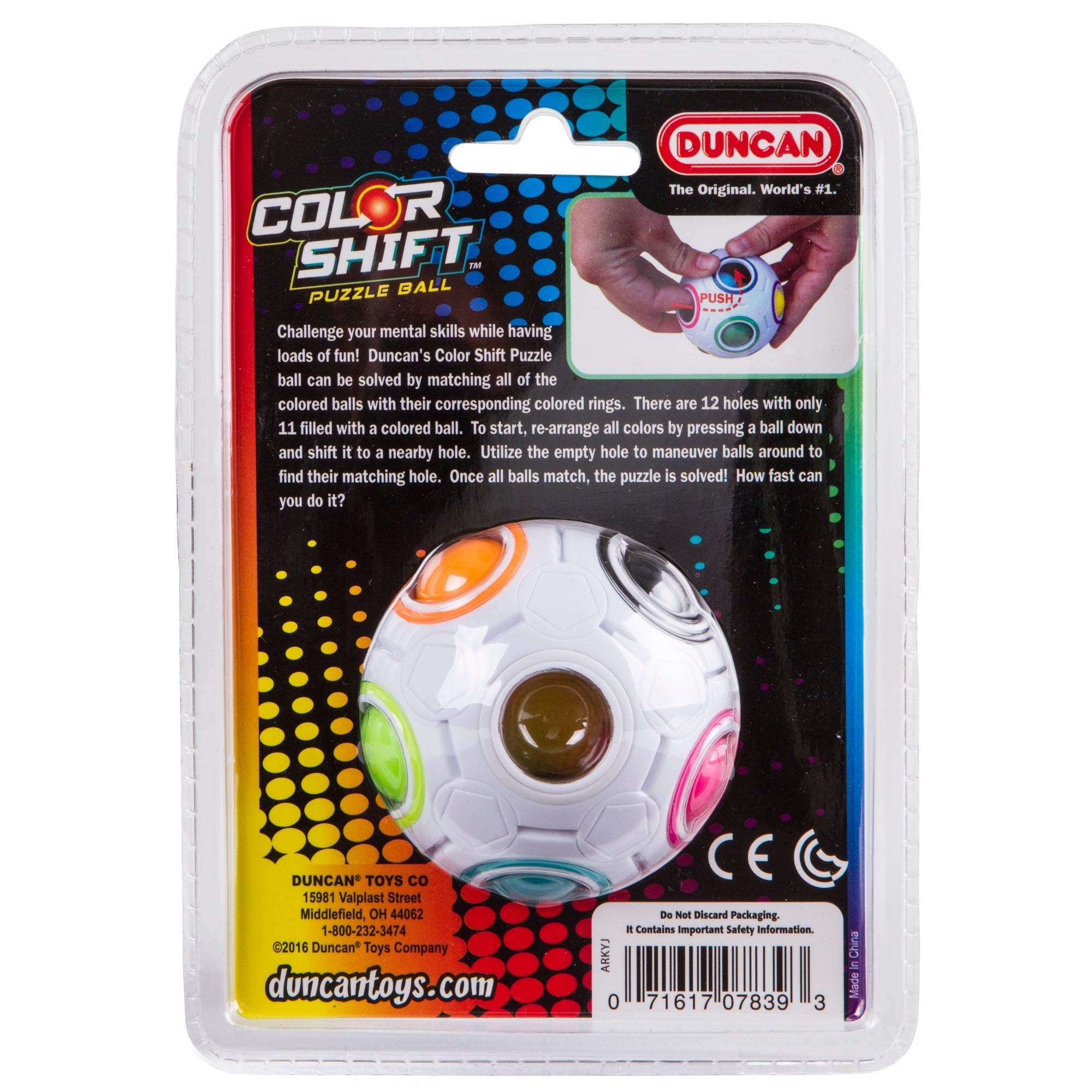 The Duncan Color Shift Puzzle Ball comes packaged with instructions and features colorful circular slots and balls. The package shows a hand pressing a ball against a vibrant rainbow-dot background.