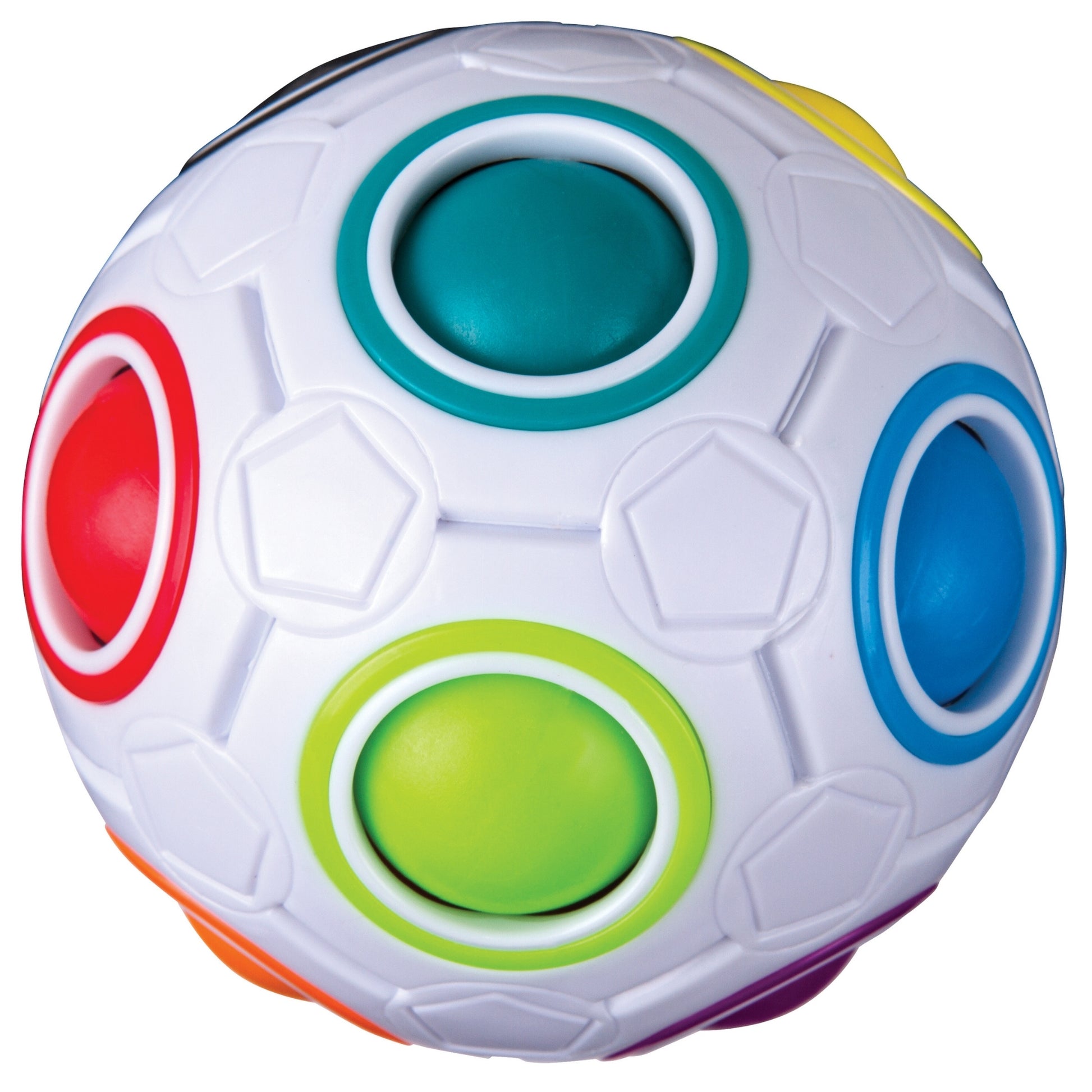 The Duncan Color Shift Puzzle Ball is a white sphere featuring multiple colored buttons—blue, green, red, yellow, and purple—each set in a circular slot around the ball.