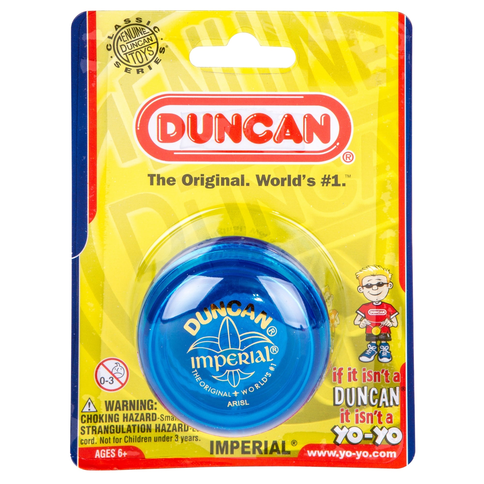A Duncan Imperial Yo-Yo Asst. in yellow packaging displays the Duncan logo, product info, and a cartoon boy with glasses. Labeled as The Original and World's #1, it includes a choking hazard warning.