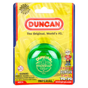 A green Duncan Imperial Yo-Yo Asst. in its packaging, with bold red and white branding, a cartoon boy, safety warnings, and the text "The Original. World's #1." set on a yellow background.