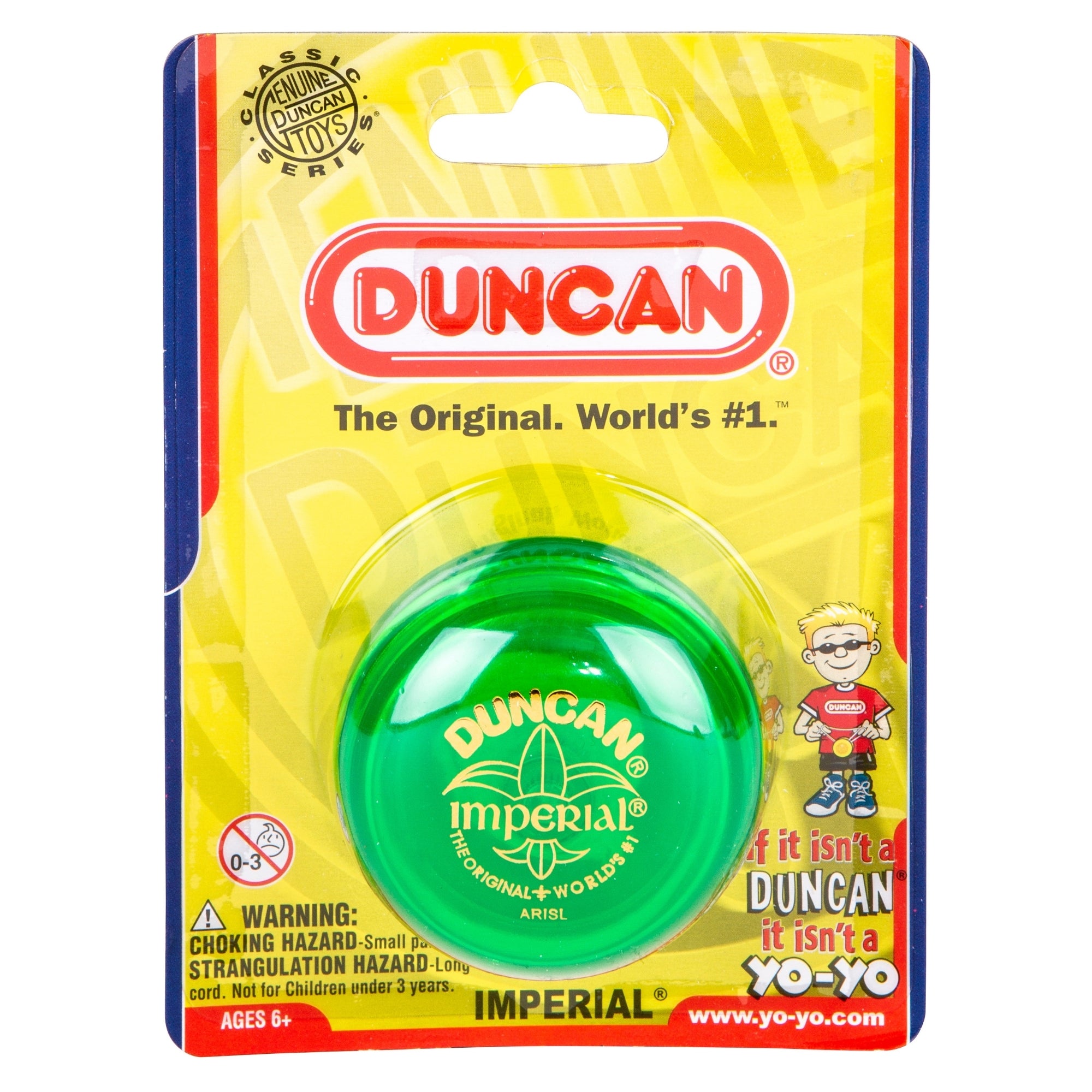 A green Duncan Imperial Yo-Yo Asst. in its packaging, with bold red and white branding, a cartoon boy, safety warnings, and the text "The Original. World's #1." set on a yellow background.
