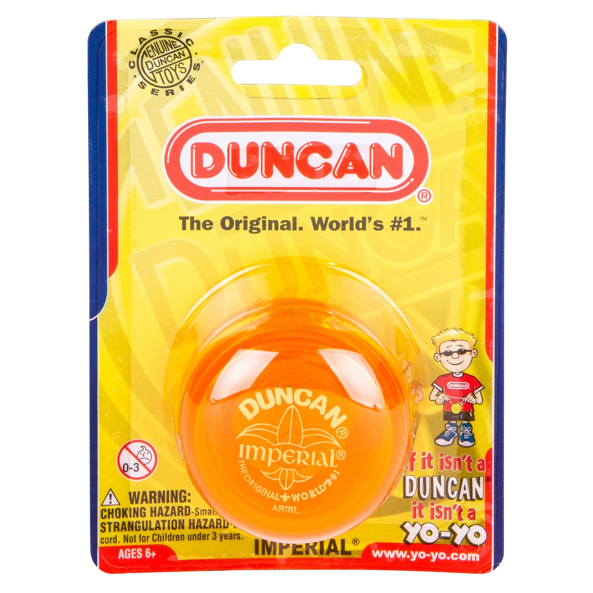 A packaged Duncan Imperial Yo-Yo Asst. in translucent orange on a yellow and blue backing card, featuring branding, safety warnings, and a cartoon boy with glasses wearing a red shirt.