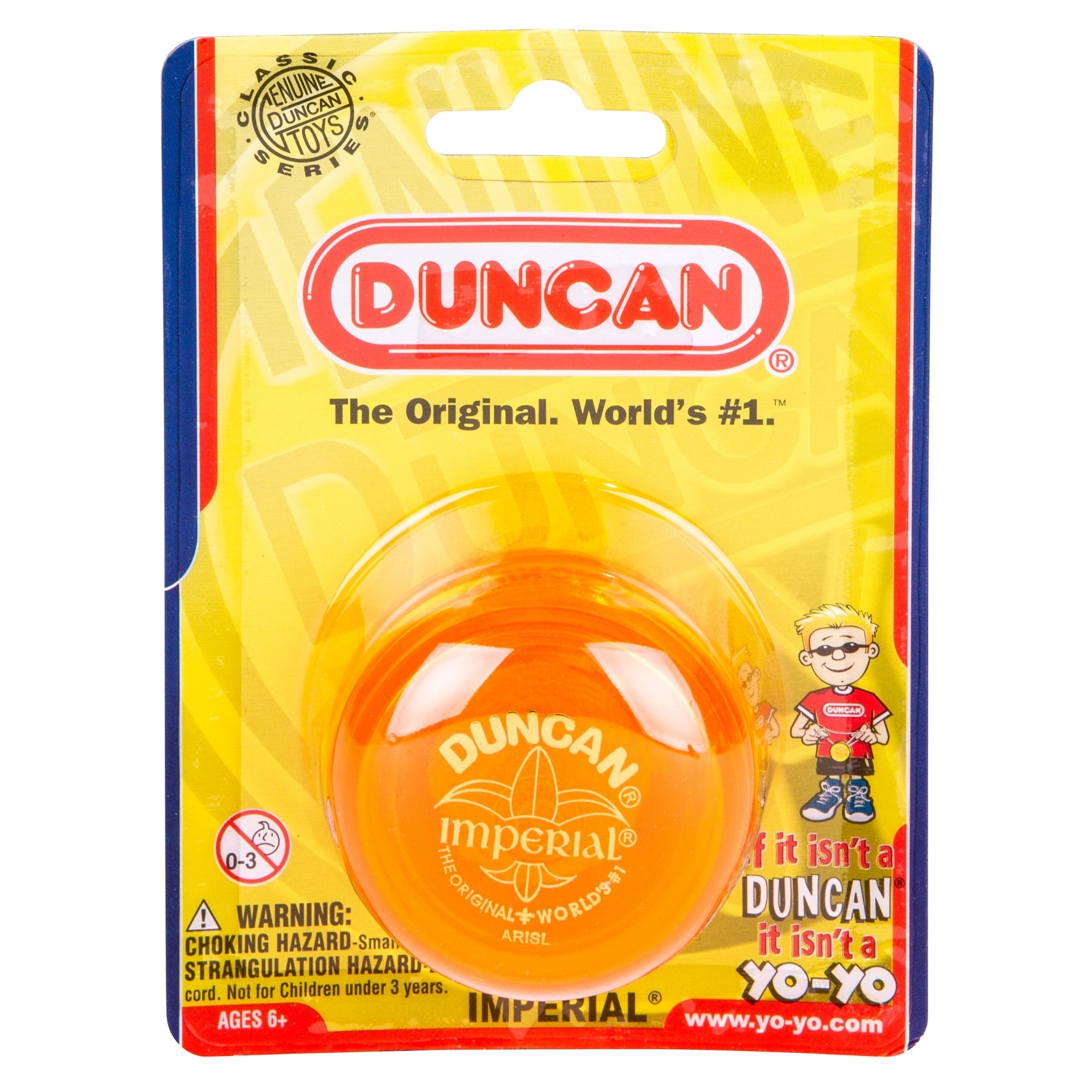 A packaged Duncan Imperial Yo-Yo Asst. in translucent orange on a yellow and blue backing card, featuring branding, safety warnings, and a cartoon boy with glasses wearing a red shirt.
