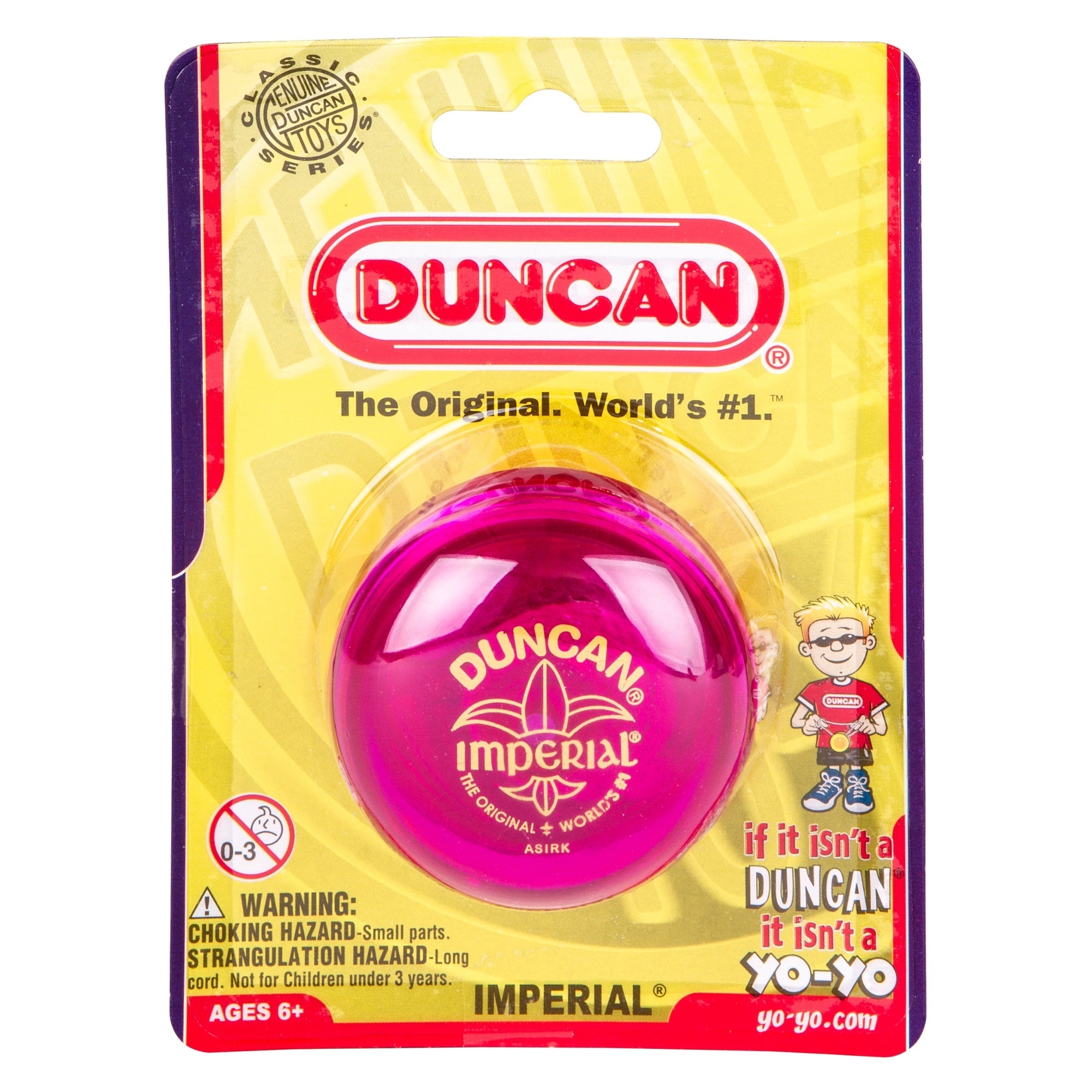 A packaged pink Duncan Imperial Yo-Yo Asst., labeled "The Original, World's #1 Yo-Yo," features a cartoon boy, safety warnings, and the slogan: "If it isn't a Duncan, it isn't a yo-yo.