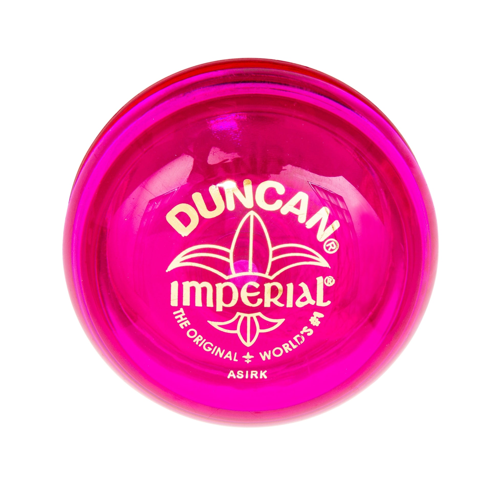 A bright pink Duncan Imperial Yo-Yo Asst. features gold text and logo on the front, reading "Duncan Imperial, The Original World's #1.