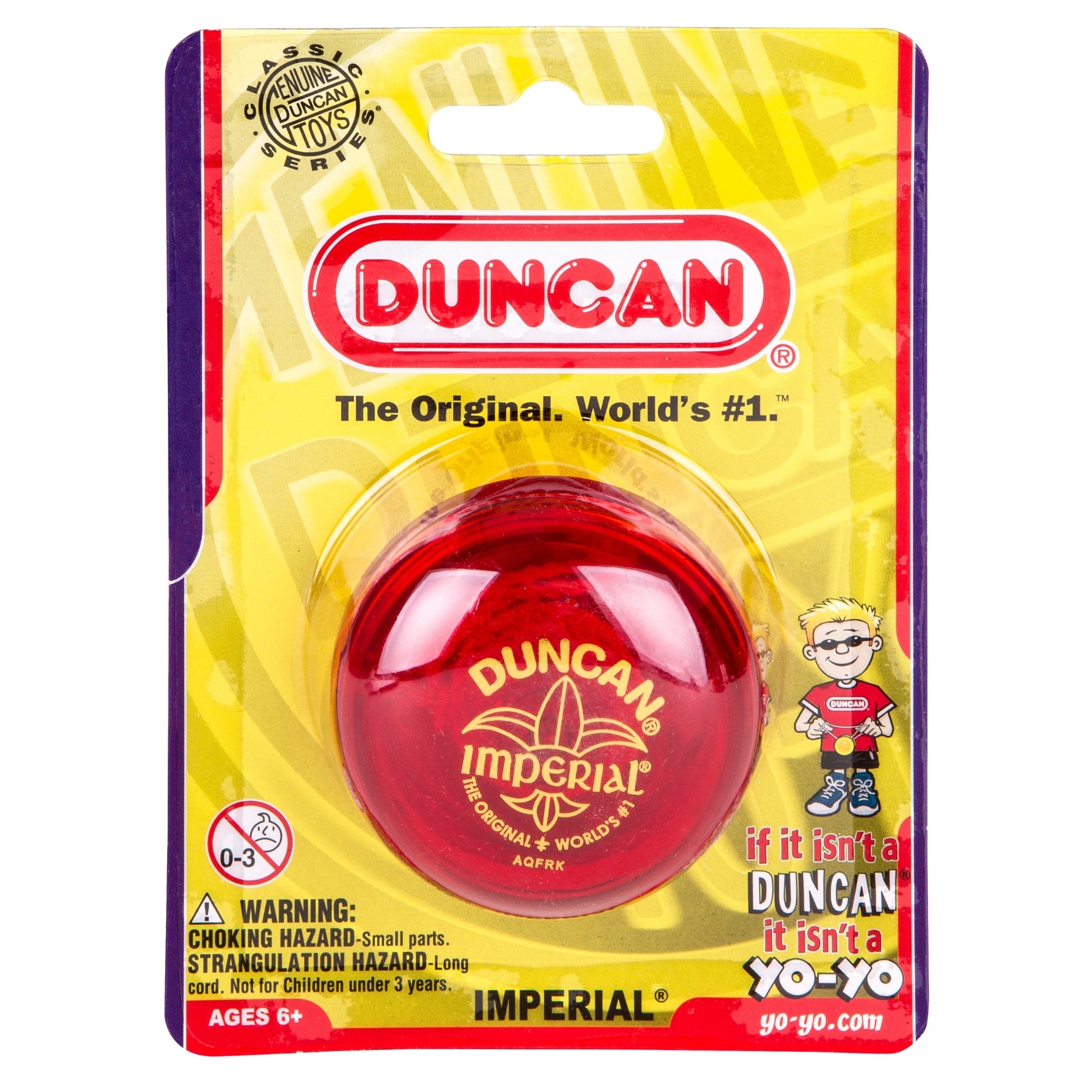 A packaged Duncan Imperial Yo-Yo Asst. with a red body and yellow backing card featuring a cartoon boy. Text reads “The Original. World’s #1.” and “If it isn’t a Duncan it isn’t a yo-yo.” Age and choking hazard warnings are visible.