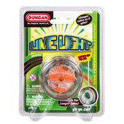 The Duncan Lime Light Light-Up Yo-Yo, in orange and clear plastic, features color-changing lights. Its packaging highlights performance and suitability for beginners to advanced users, labeling it as a "light-up yo-yo.