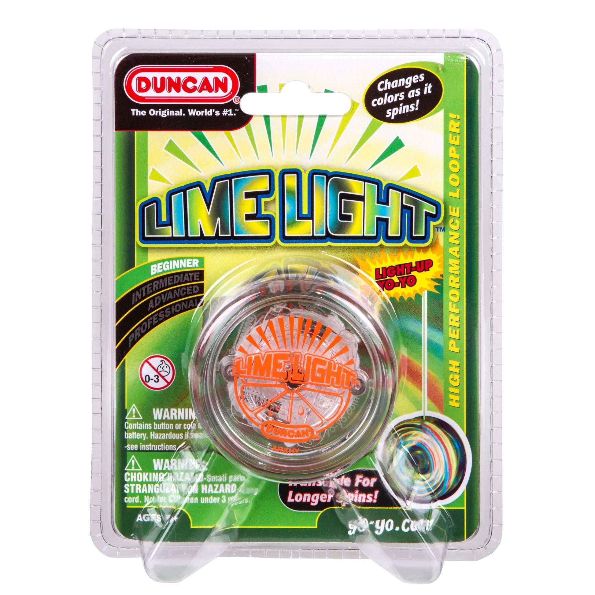 The Duncan Lime Light Light-Up Yo-Yo, in orange and clear plastic, features color-changing lights. Its packaging highlights performance and suitability for beginners to advanced users, labeling it as a "light-up yo-yo.
