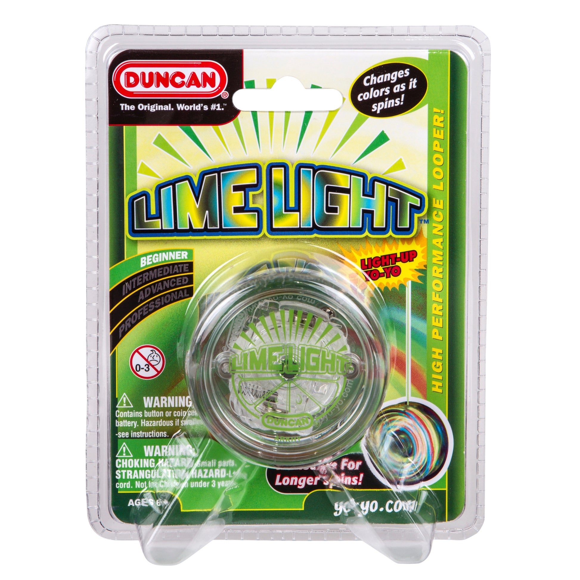 The packaged Duncan Lime Light Light-Up Yo-Yo, labeled “High Performance Looper,” lights up and changes color as it spins, making it suitable for multiple skill levels.