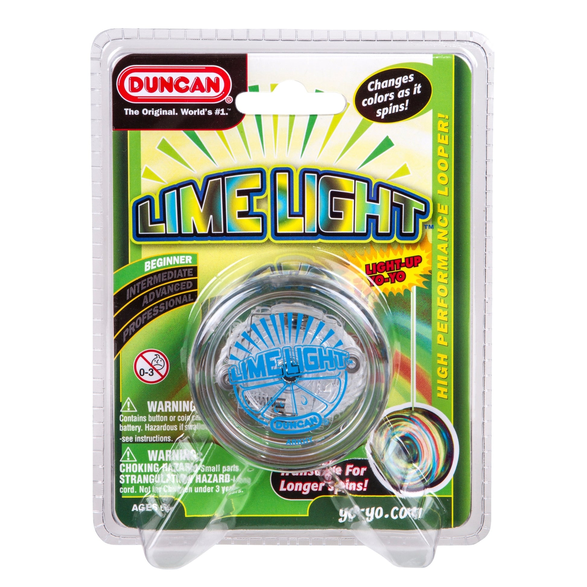 The packaged Duncan Lime Light Light-Up Yo-Yo features a clear body with blue logo. The pack highlights its high-performance looping, color-changing lights while spinning, and light-up feature with graphics and skill level info.