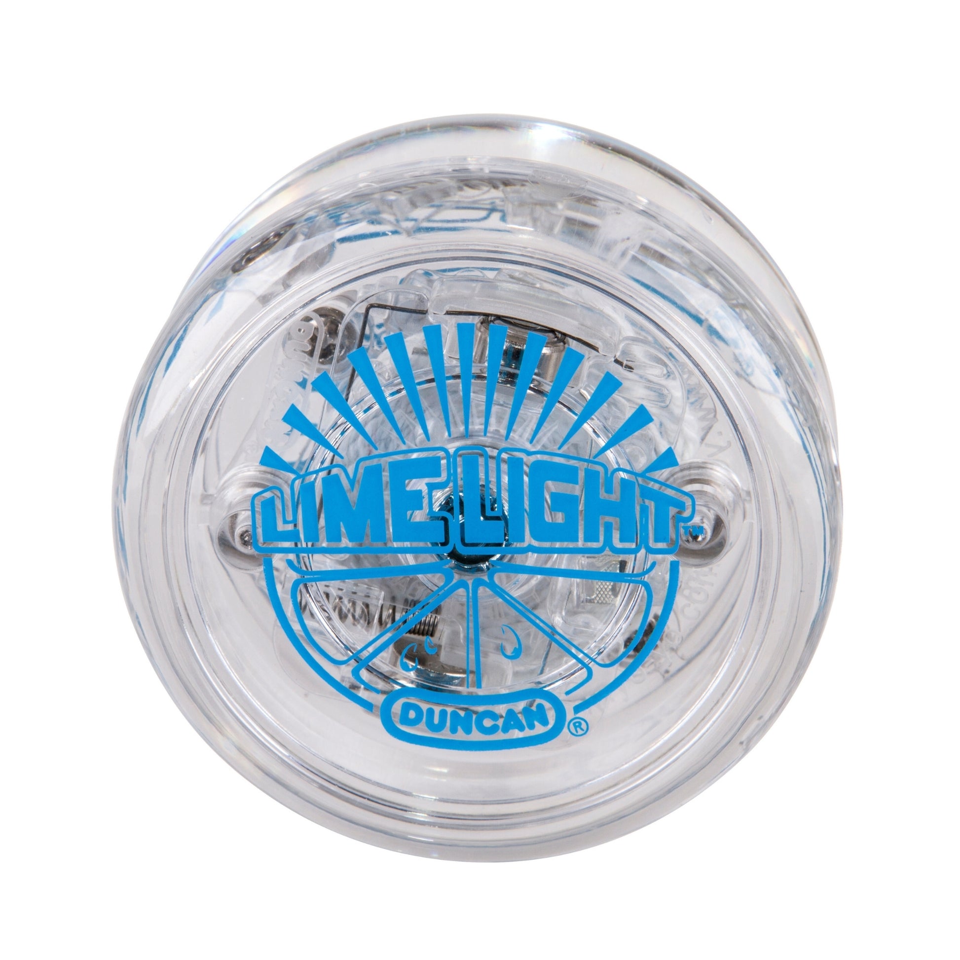 The Duncan Lime Light Light-Up Yo-Yo is a clear plastic yo-yo with blue Lime Light Duncan text and graphics on the side, showcasing a visible internal light-up mechanism through its casing.