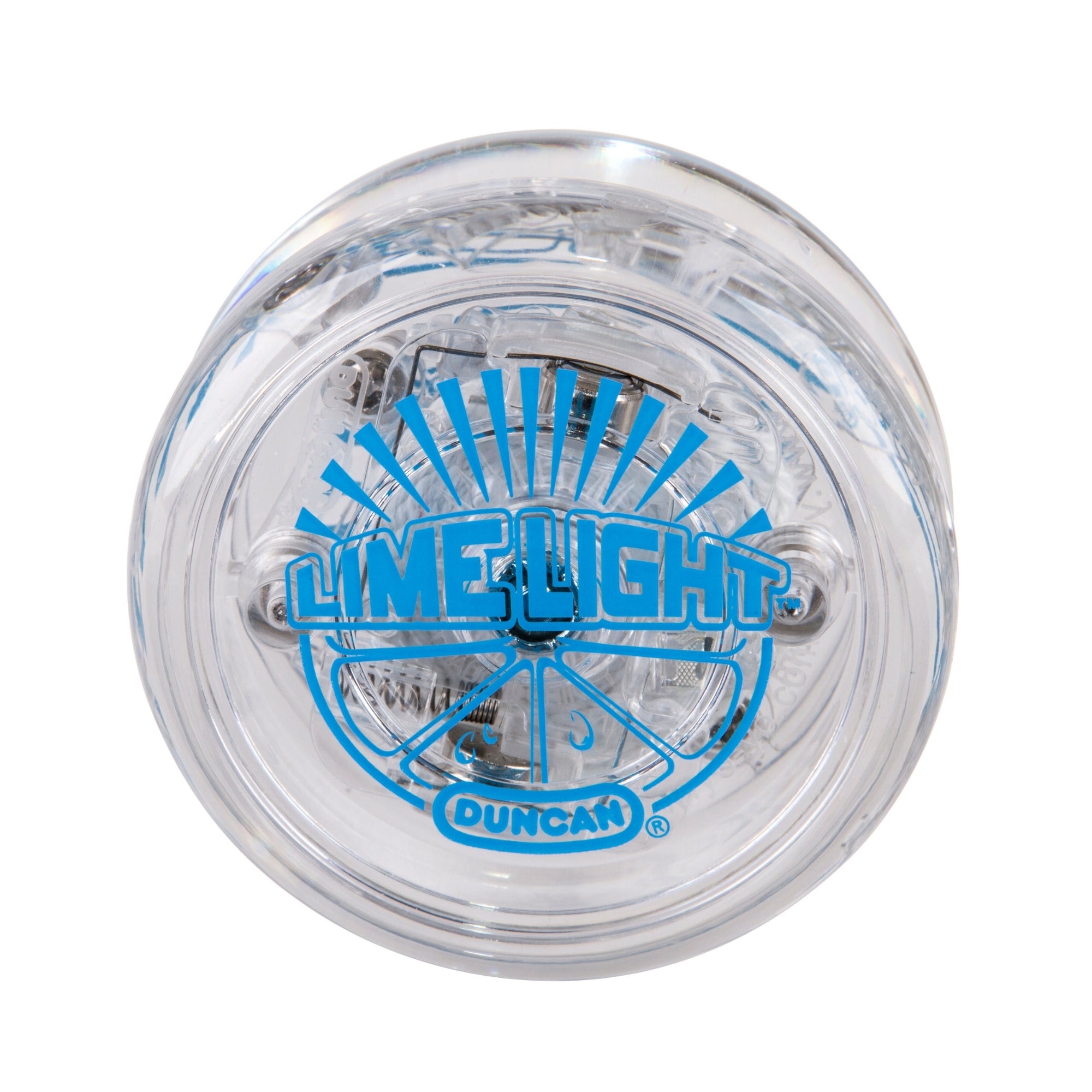 The Duncan Lime Light Light-Up Yo-Yo is a clear plastic yo-yo with blue Lime Light Duncan text and graphics on the side, showcasing a visible internal light-up mechanism through its casing.