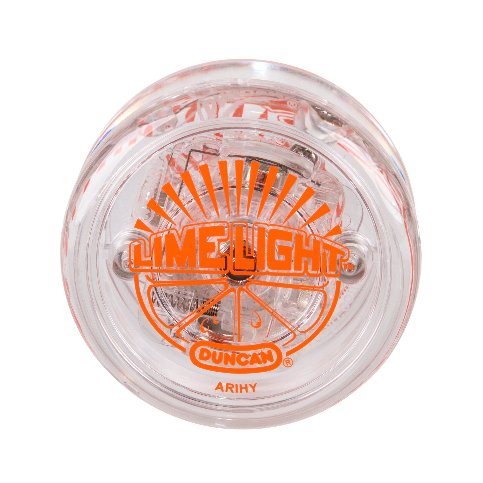The Duncan Lime Light Light-Up Yo-Yo is a clear plastic yo-yo with visible internal components and orange "LIME LIGHT" and "DUNCAN" text on the side.