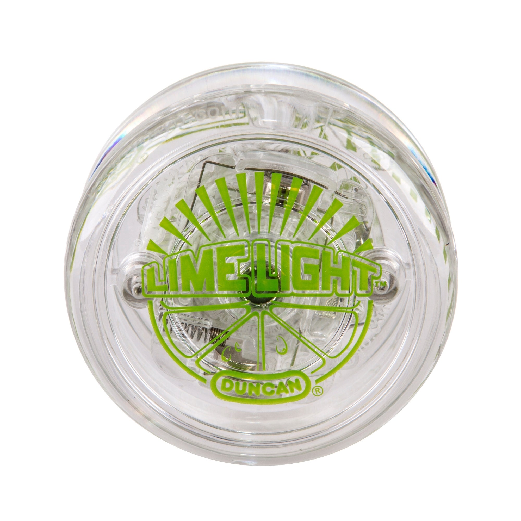 The Duncan Lime Light Light-Up Yo-Yo is a clear plastic yo-yo with green "LIMELIGHT" and "DUNCAN" text on the side, plus a sunburst design behind the text.