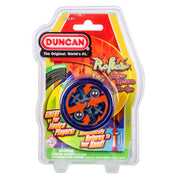 A Duncan Reflex Auto Return Yo-Yo in its colorful original packaging, featuring a blue yo-yo with orange and silver details, plus play level info and promotional text.