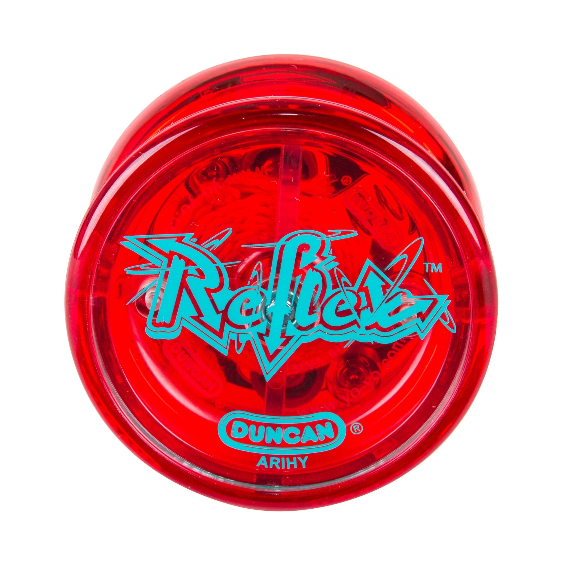 A top-down view of a red Duncan Reflex Auto Return Yo-Yo featuring translucent plastic and a blue and white Duncan logo on the side.