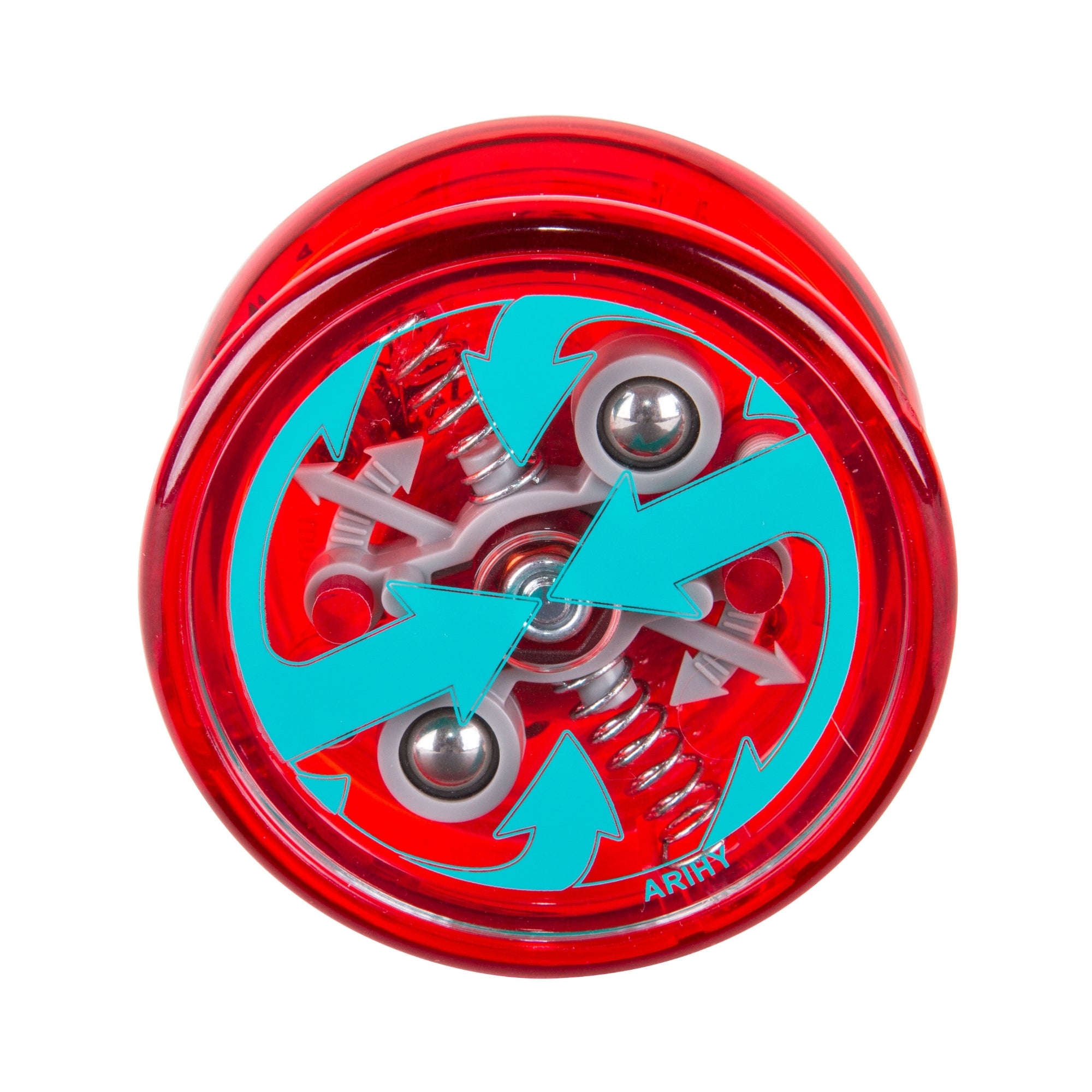 The Duncan Reflex Auto Return Yo-Yo is red, features visible internal metal parts, and has large blue circular arrows on its surface to indicate the direction of movement.