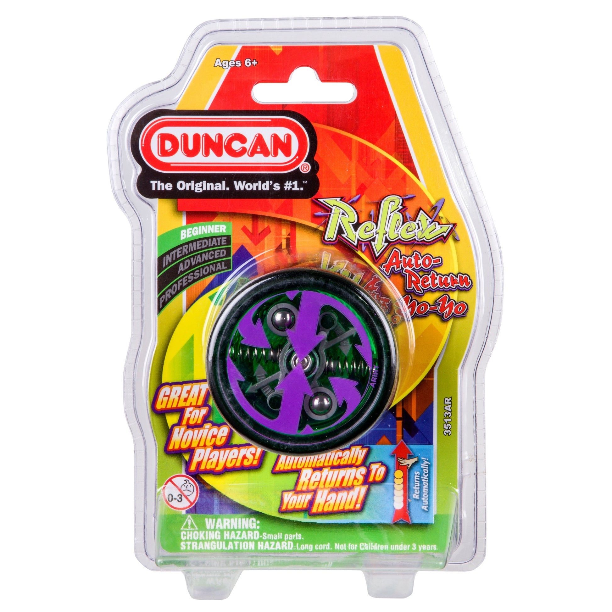 A packaged Duncan Reflex Auto Return Yo-Yo, purple with green accents, for ages 6+, features red and yellow packaging with phrases like “Great for Novice Players!” and “Automatically Returns to Your Hand!”.