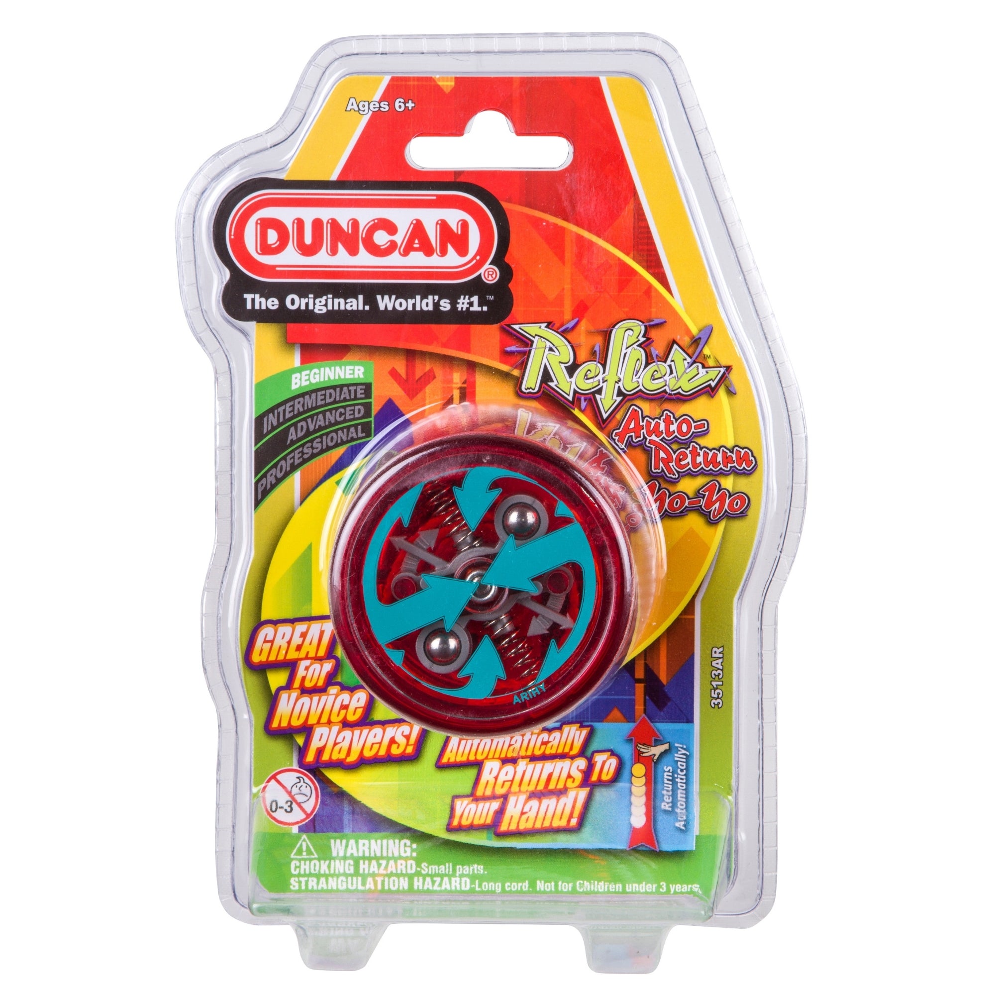 The Duncan Reflex Auto Return Yo-Yo comes packaged with a red and blue design, featuring easy auto-return for novice players. Suitable for ages 6 and up.