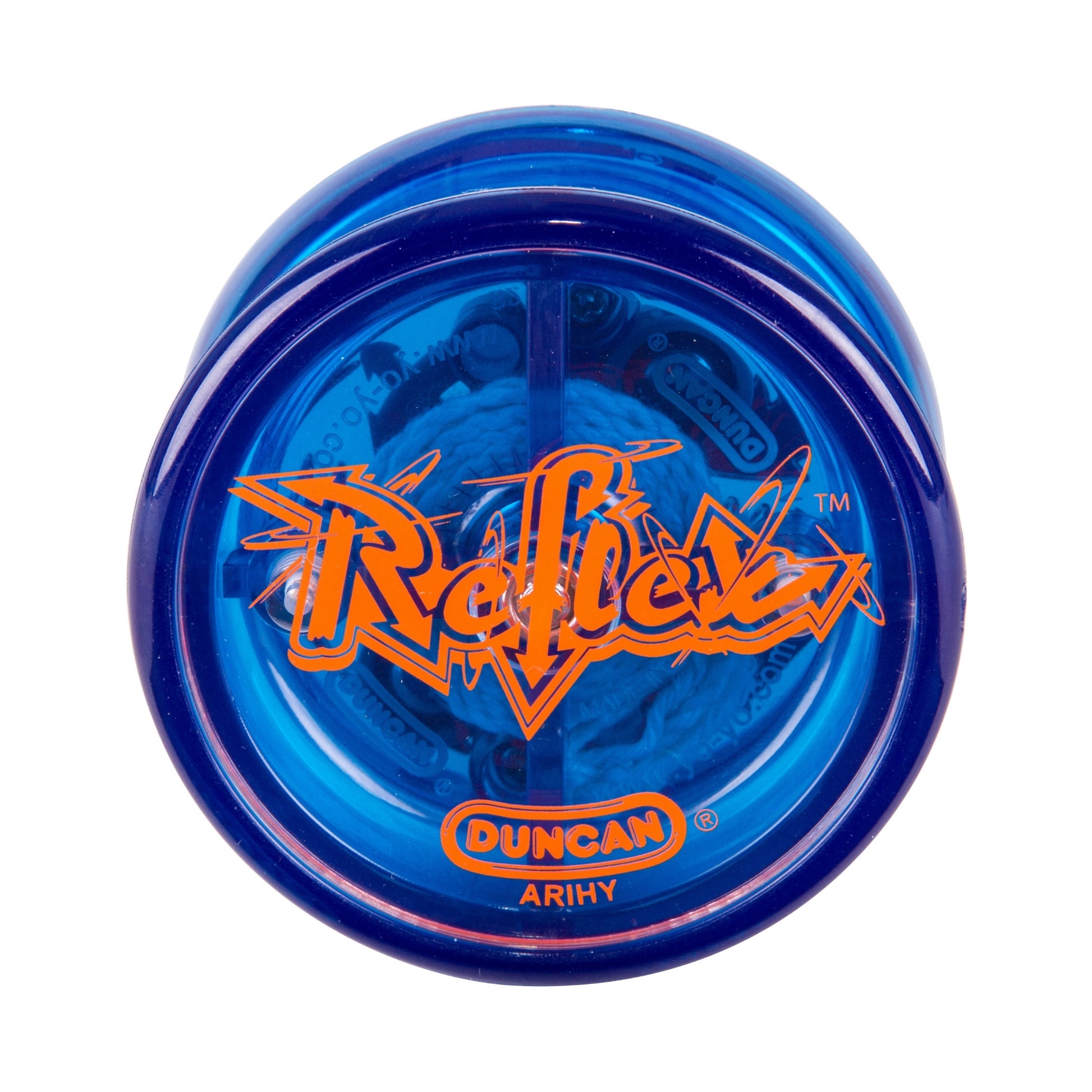 A blue Duncan Reflex Auto Return Yo-Yo featuring bold orange “Reflex” branding on the front and “Duncan” in an orange oval below.