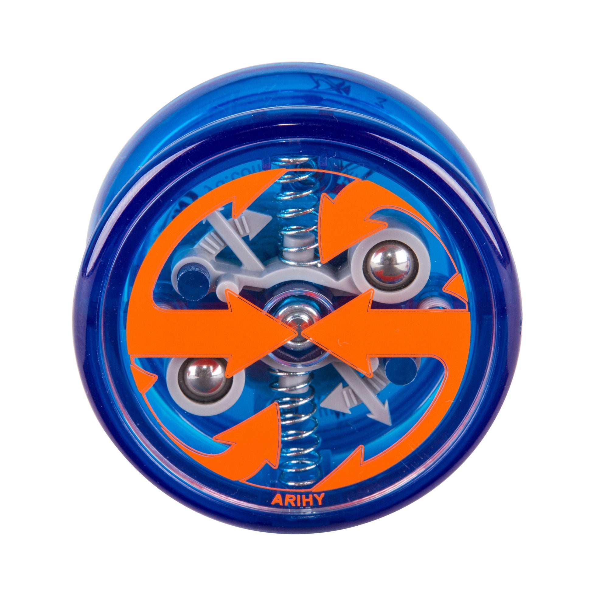The Duncan Reflex Auto Return Yo-Yo is blue with visible internal mechanisms, orange arrows showing motion direction, and "ARIHY" printed at the bottom.