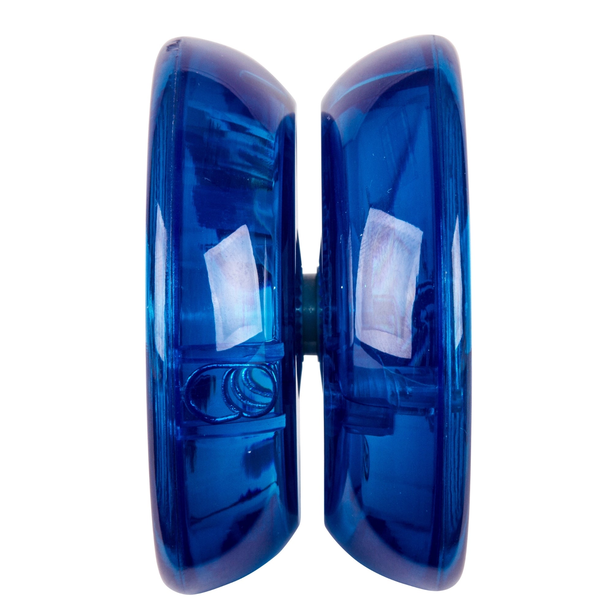 A side view of the Duncan Reflex Auto Return Yo-Yo, featuring its blue plastic halves aligned against a white background.