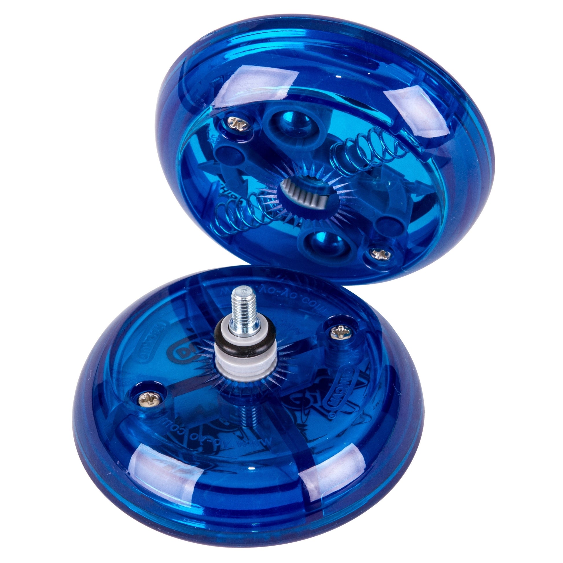 The Duncan Reflex Auto Return Yo-Yo features two shiny, translucent blue halves that reveal the inner spring and axle mechanism for a clear view of its auto return system.