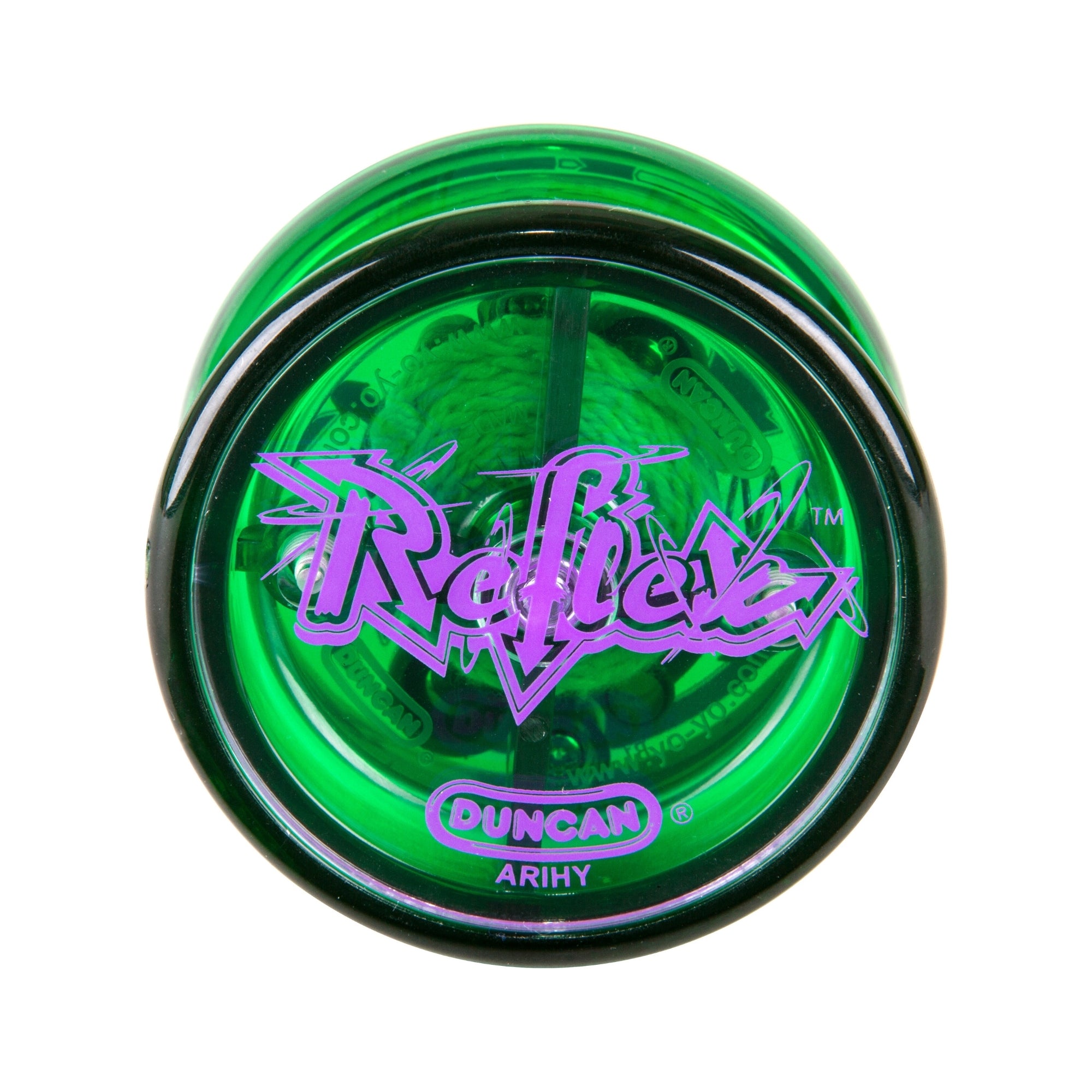 The Duncan Reflex Auto Return Yo-Yo is green and translucent, featuring "Reflex" in purple stylized letters and "Duncan" with "ARIHY" in smaller purple text on its side.