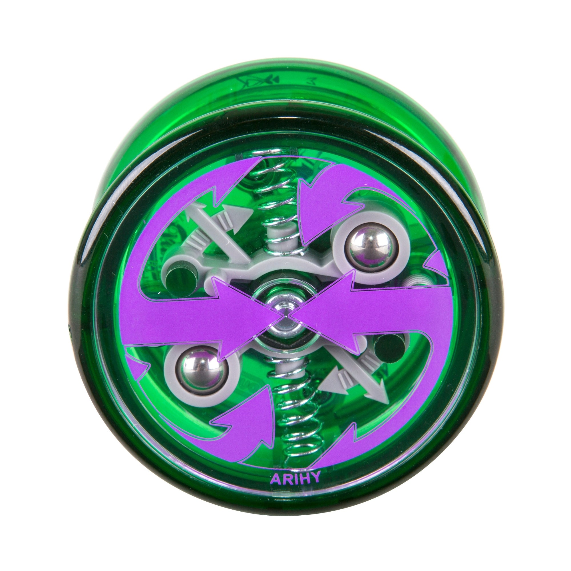 The Duncan Reflex Auto Return Yo-Yo is a green, transparent, circular toy with visible springs and metal balls inside. Purple arrows in a swirl pattern decorate the surface, and "ARIHY" is printed at the bottom.
