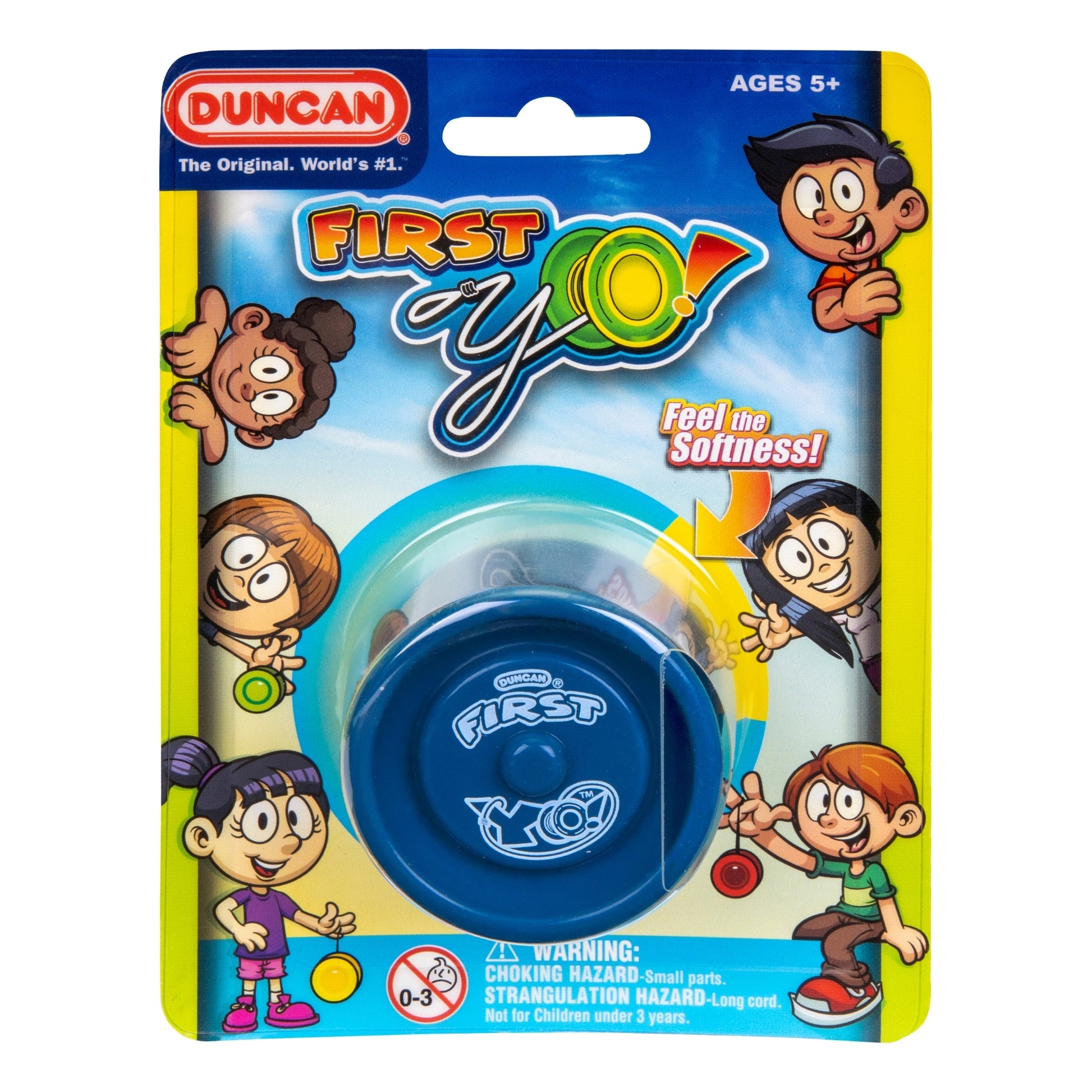 A Duncan First Yo! Yo-Yo Assortment in blue, packaged with cartoon kids on a colorful background. Includes "Feel the Softness!" text and warnings for ages 5+ and choking hazard for ages 0-3.