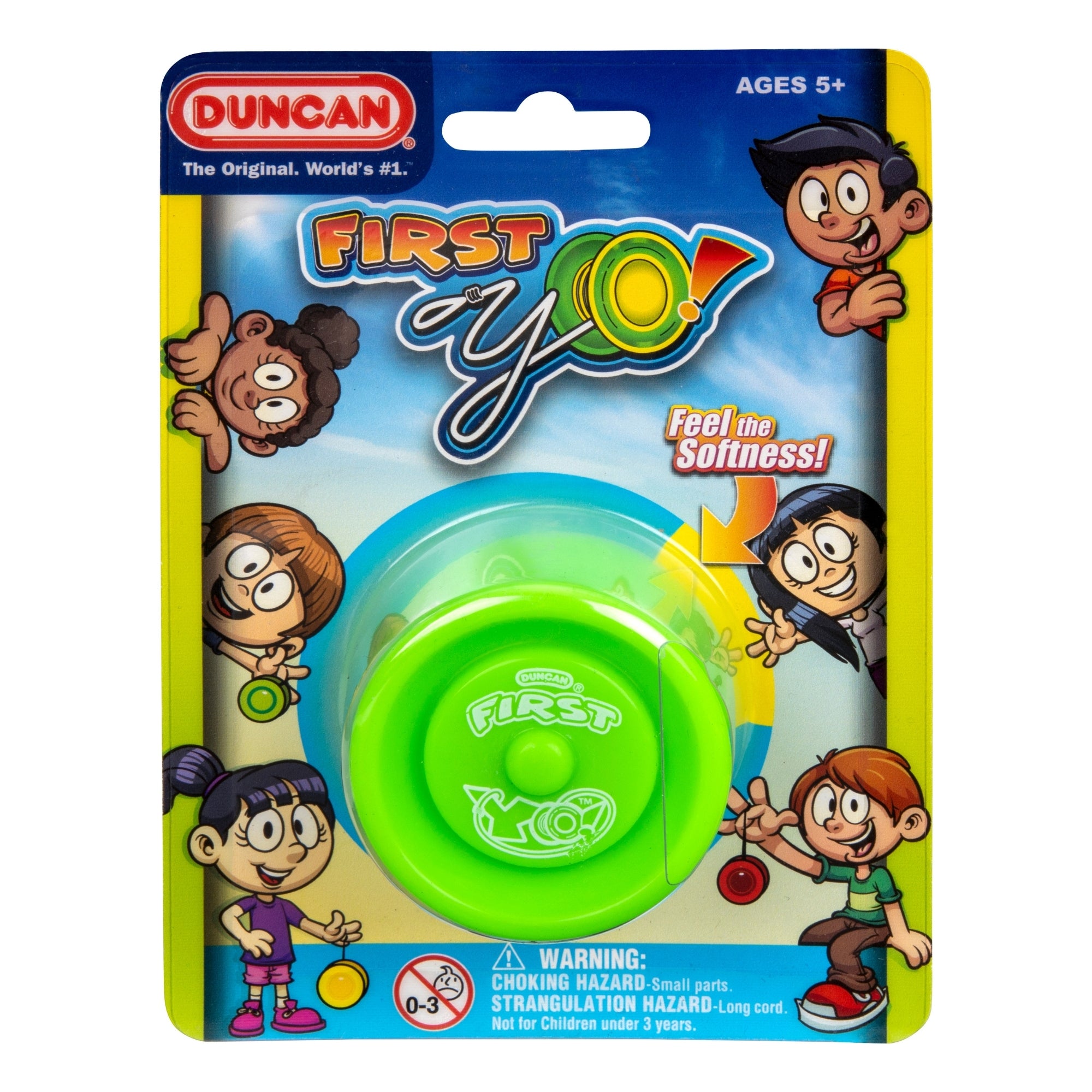A Duncan First Yo! Yo-Yo Assortment in green, boxed with cheerful cartoon kids and "soft and safe" text. The package warns of choking or strangulation risks and states it's suitable for ages 5 and up.