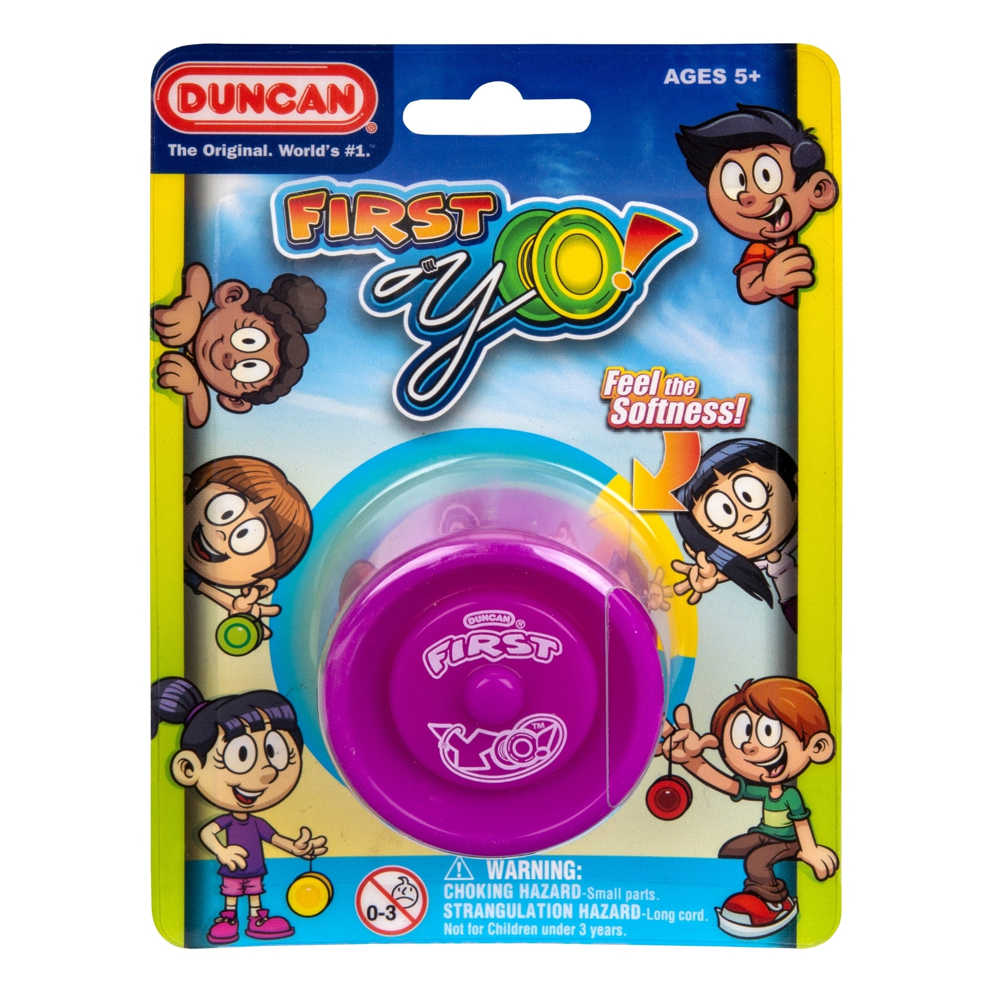 The Duncan First Yo! Yo-Yo Assortment comes in a colorful blister pack featuring cartoon kids, the brand logo, and safety warnings for ages 5+. The packaging highlights “Feel the Softness!” and a “Choking Hazard” warning at the bottom.