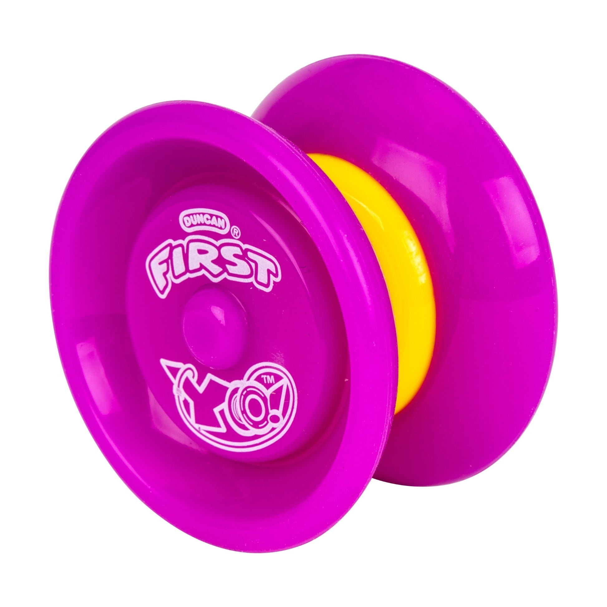 The Duncan First Yo! Yo-Yo Assortment features a purple and yellow yo-yo with "FIRST" and a logo printed on one side. It has a glossy plastic finish and smooth, rounded edges.