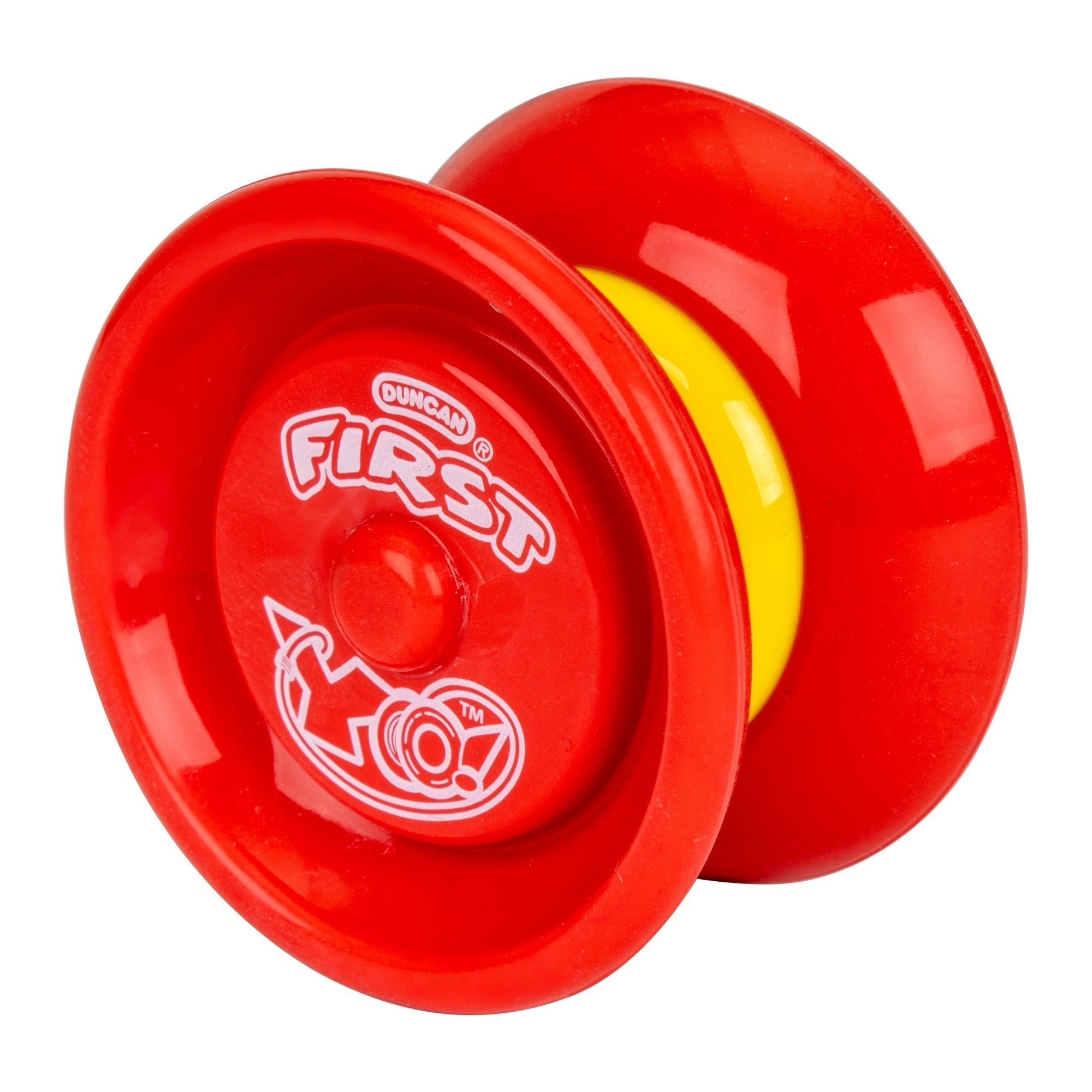 A Duncan First Yo! Yo-Yo Assortment is shown against a white background. This yo-yo features a bold red outer rim, yellow center, and white graphics and text on one side.