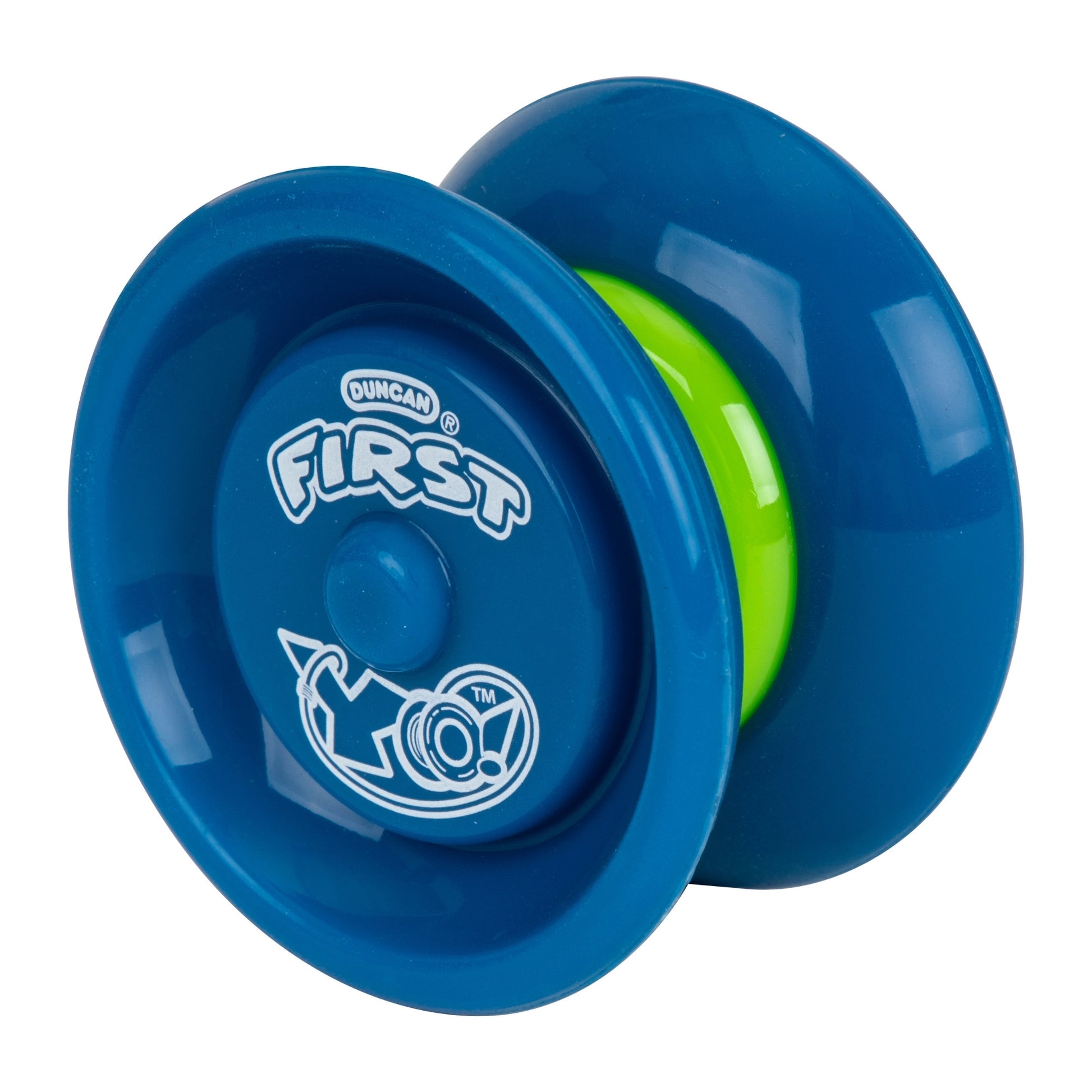 A blue and green Duncan First Yo! Yo-Yo Assortment with "FIRST" and a stylized yo-yo graphic printed in white on one side.