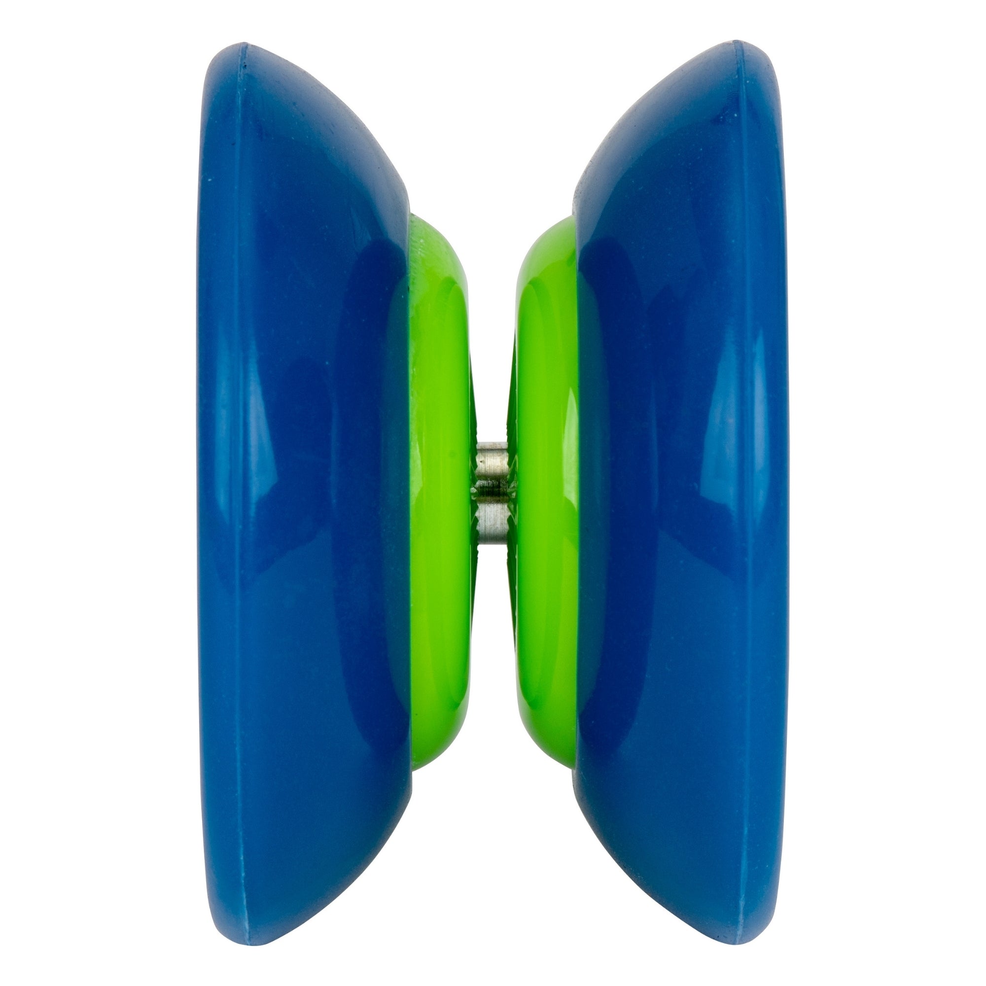 A close-up side view of the Duncan First Yo! Yo-Yo Assortment in blue and green, highlighting its symmetrical shape and central axle against a white background.