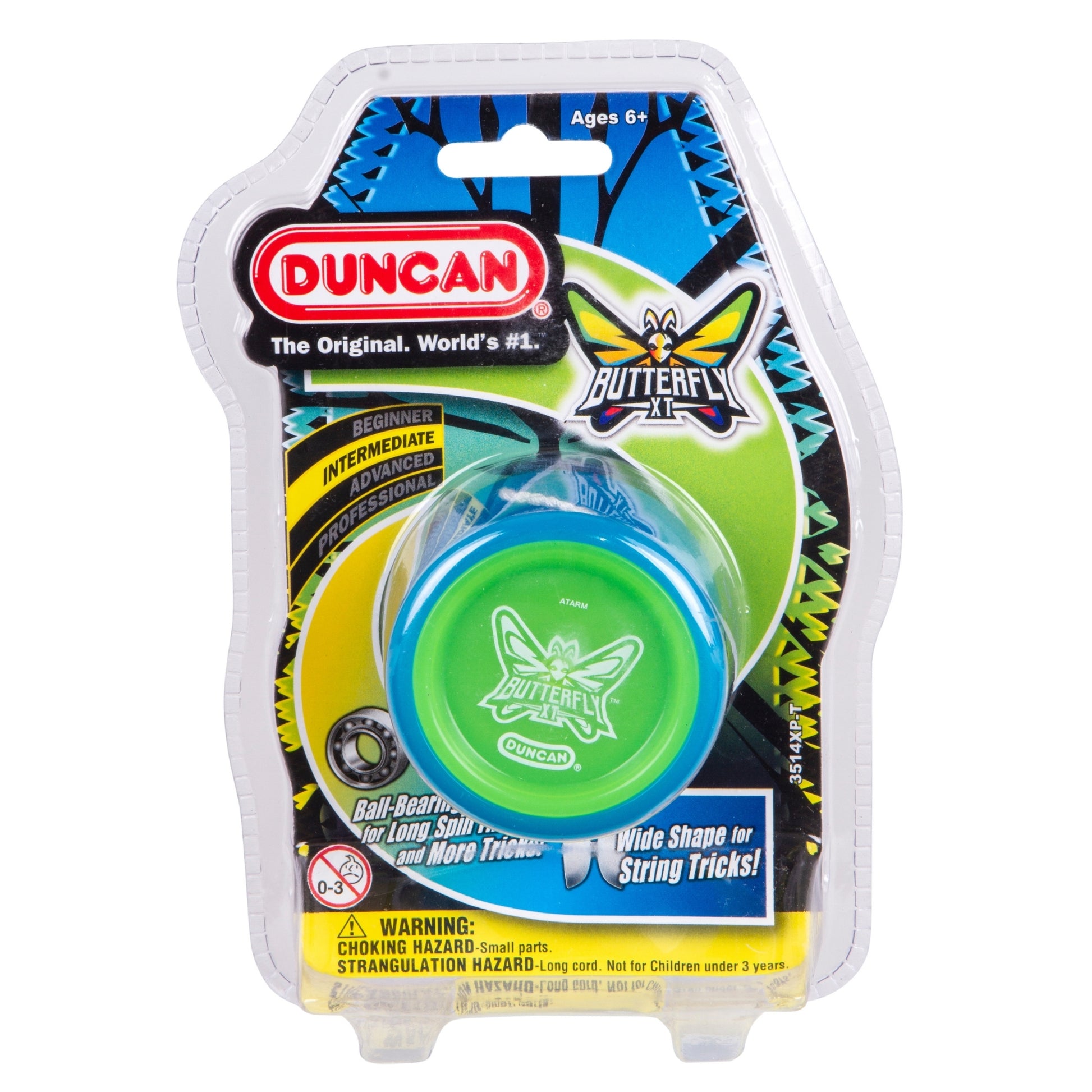 A packaged Duncan Butterfly XT Yo-Yo by Duncan, featuring a green butterfly-shaped body, is labeled for ages 6+, suitable for all skill levels. Its packaging highlights the ball-bearing axle and visible warning labels at the bottom.