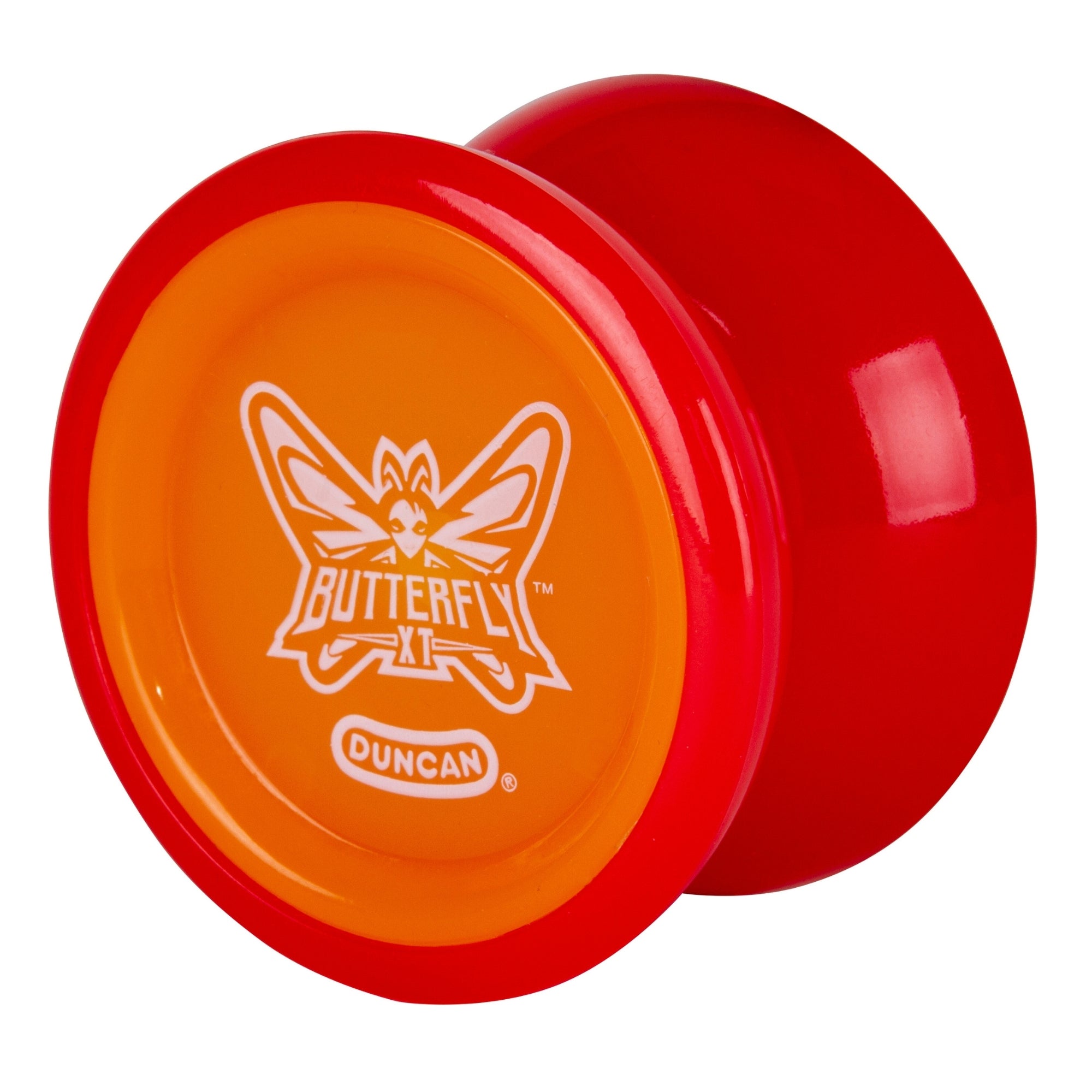A bright red and orange Duncan Butterfly XT Yo-Yo by Duncan, designed for tricks, with a butterfly logo and "Duncan" on its side, shown on a white background.