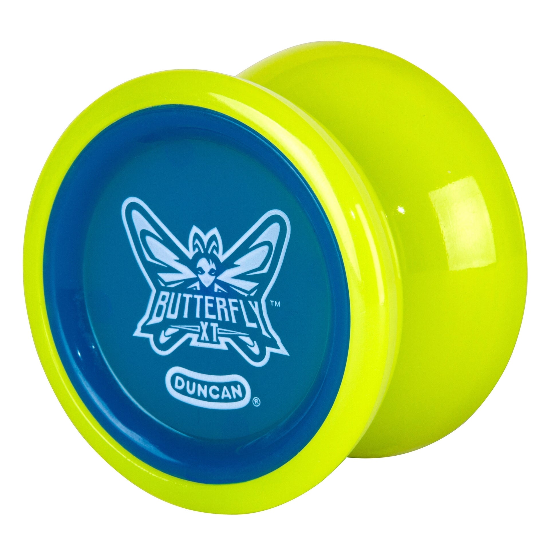 The Duncan Butterfly XT Yo-Yo by Duncan features yellow and blue colors, a butterfly logo, and "Butterfly" printed on one side—ideal for tricks.
