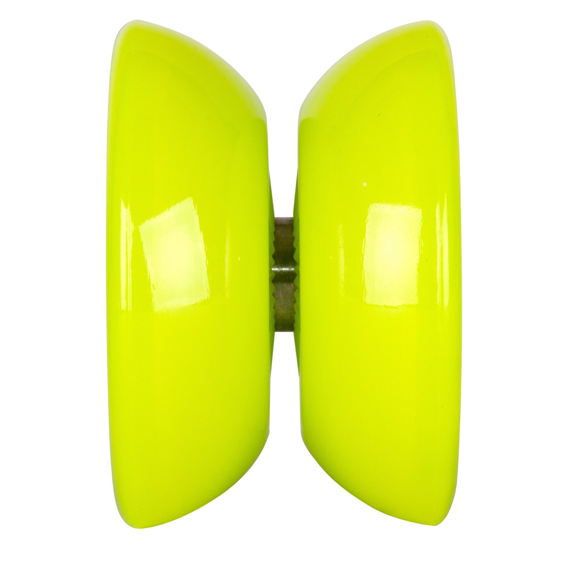 The Duncan Butterfly XT Yo-Yos by Duncan feature two large, rounded cups connected by a metal axle in bright yellow—ideal for fans of yo-yo tricks or butterfly styles. Seen against a white background.