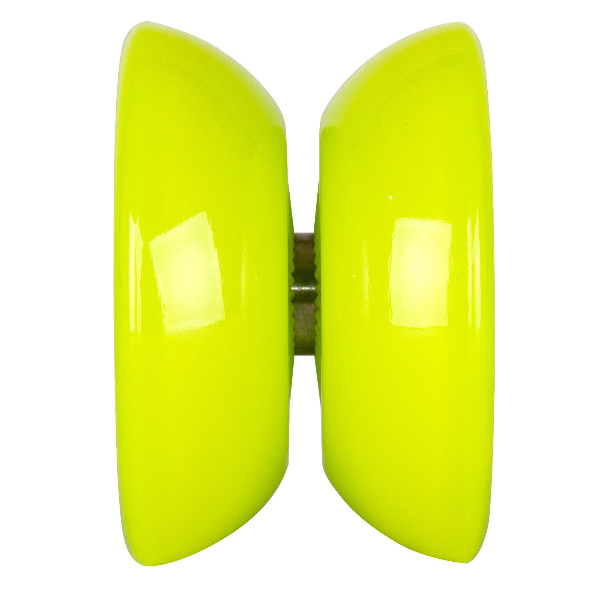 The Duncan Butterfly XT Yo-Yos by Duncan feature two large, rounded cups connected by a metal axle in bright yellow—ideal for fans of yo-yo tricks or butterfly styles. Seen against a white background.