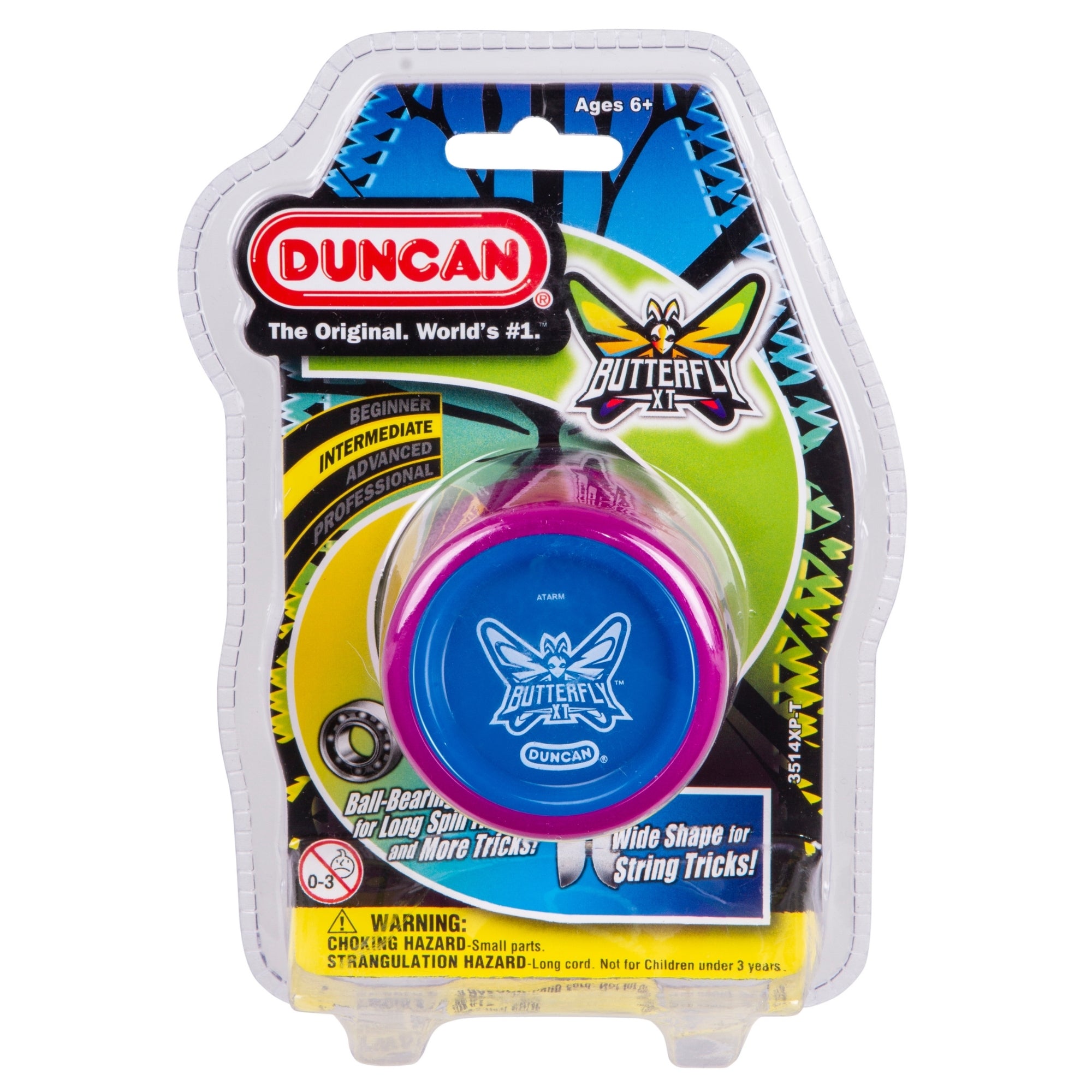 A Duncan Butterfly XT Yo-Yo from Duncan, in blue and pink packaging, for ages 6+, ideal for beginner to intermediate tricks; includes a choking hazard warning for children under 3 years.