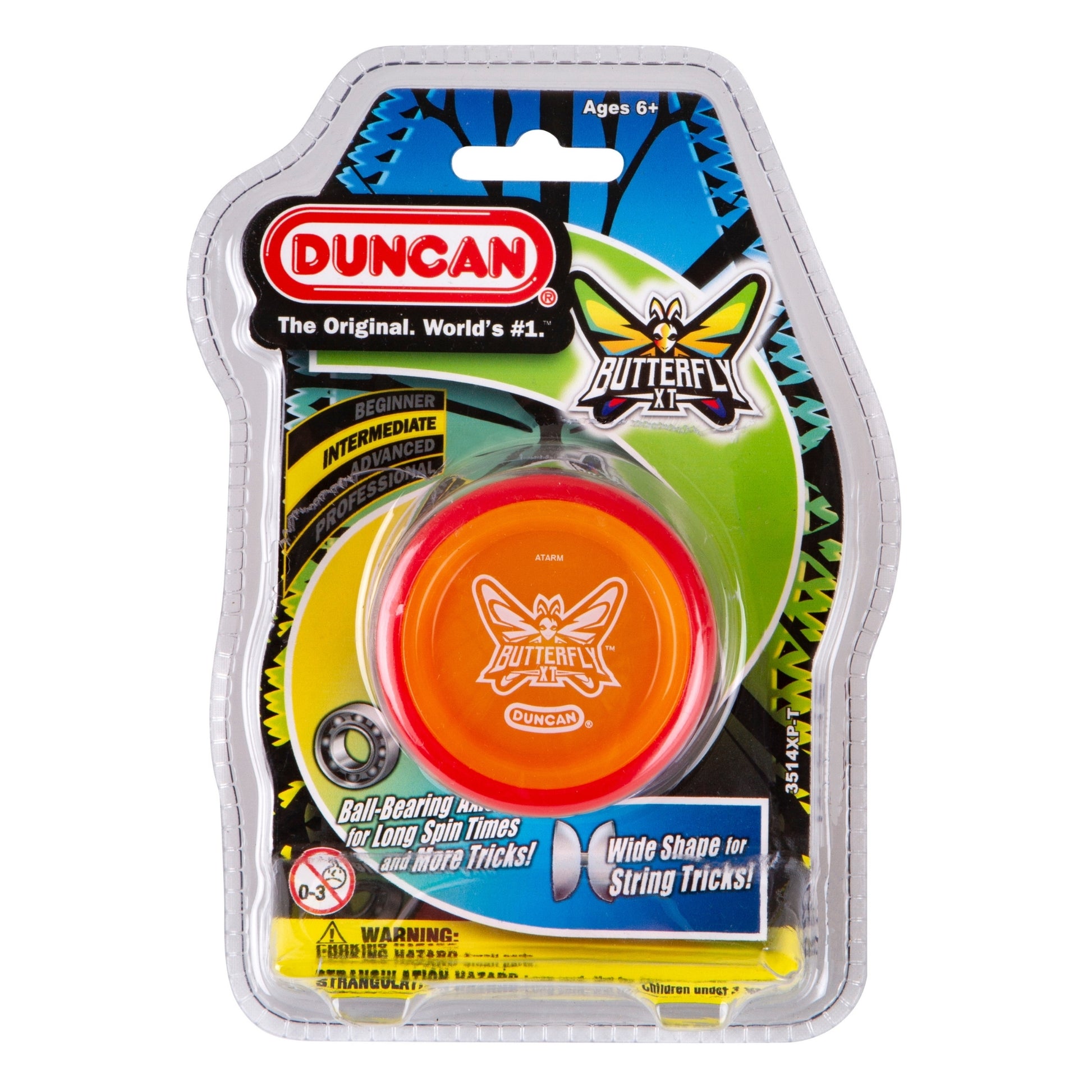 The Duncan Butterfly XT Yo-Yos by Duncan feature an orange body with a white logo, ball-bearing design, and wide shape for beginner to advanced string tricks. Suitable for ages 6+. Packaged and ready for impressive yo-yo play.
