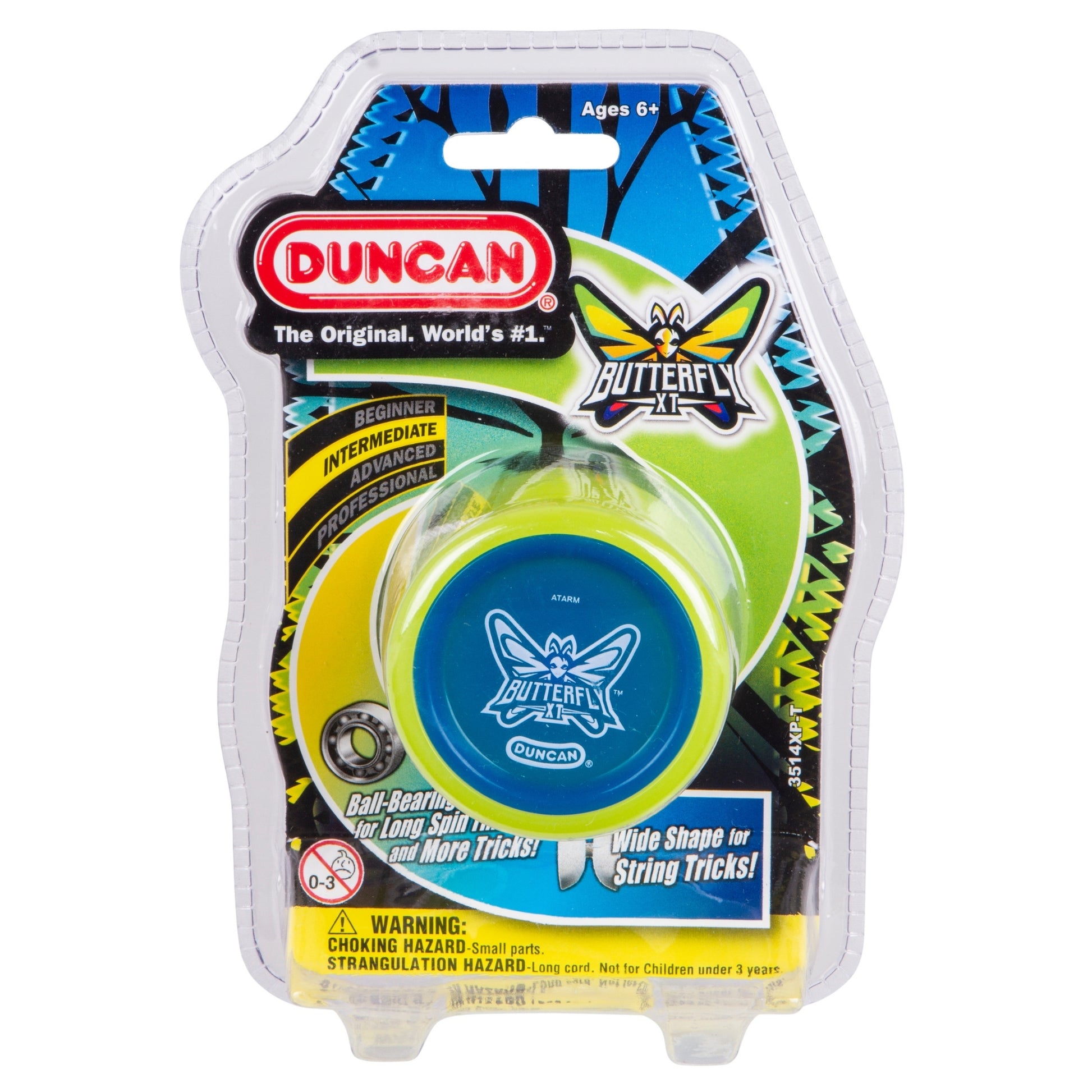 The Duncan Butterfly XT Yo-Yos by Duncan feature a blue design with white logo, are great for tricks, suit ages 6+ and all skill levels, and come with choking and strangulation hazard warnings.