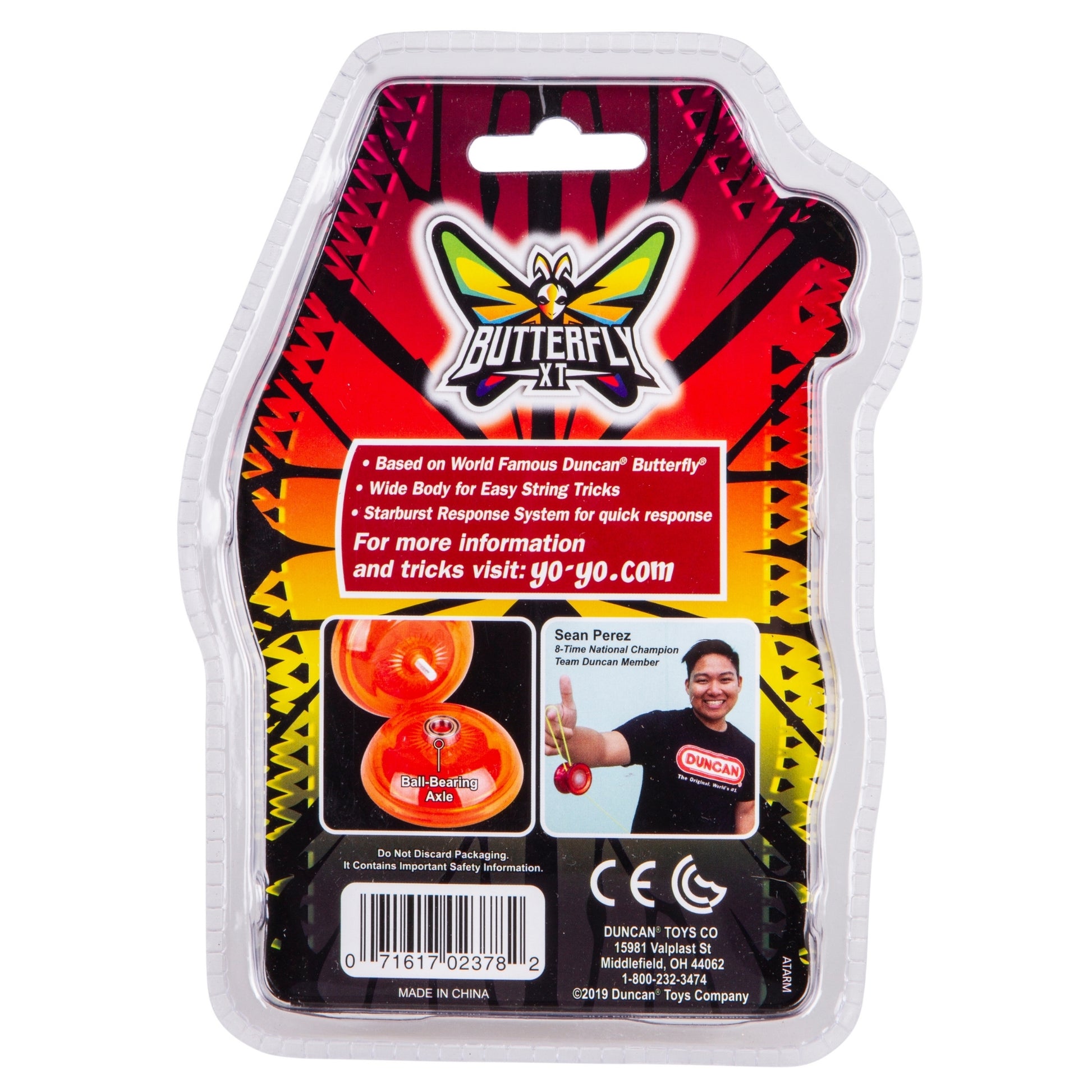 The back of the Duncan Butterfly XT Yo-Yos package by Duncan shows a bold red and yellow design, product info, an image of the yo-yo, a smiling person doing tricks, and website details for more info.