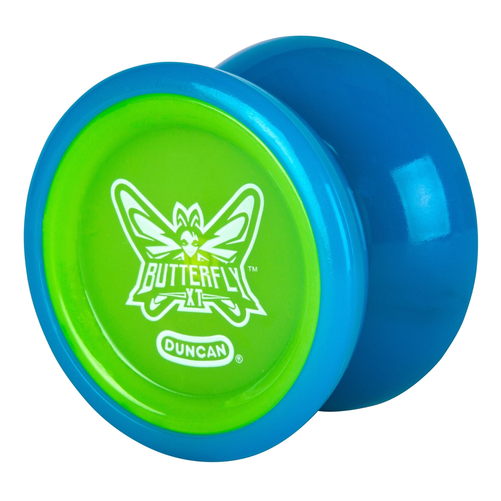 The Duncan Butterfly XT Yo-Yo, in blue and green, is ideal for tricks and features a prominent butterfly logo with the word "Butterfly" on one side.